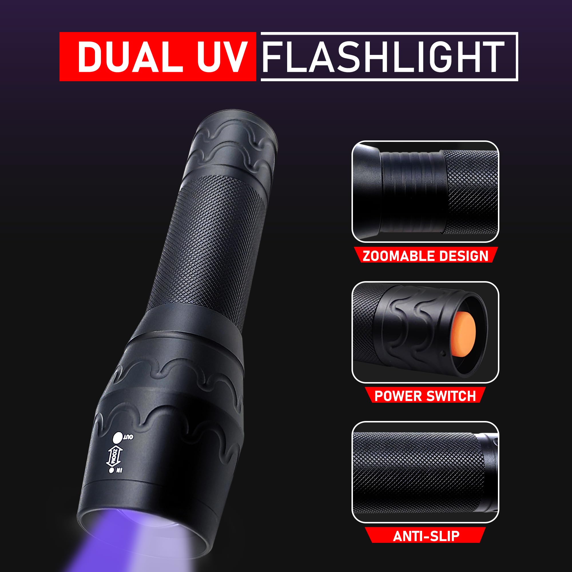 Fadomall Uv Flashlight 365Nm & 395Nm Ultraviolet Black Light Flashlights For Pet Urine Stains, Scorpions Detection, Zoomable Led Blacklights For Resin Curing, Uranium Glass, Gas Leak Inspection
