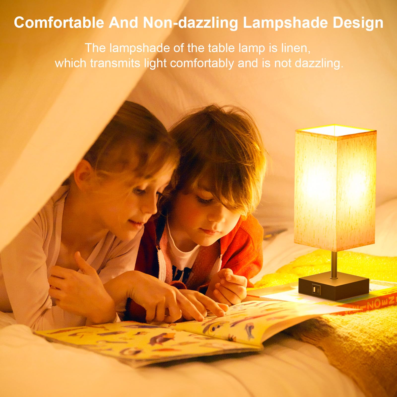 Comzler Bedside Lamp, Touch Control Table Lamp For Bedroom, Small Nightstand Lamp With 3 Way Dimmable, Usb-C + A Ports For Bedroom, Home Decor, Living Room, Led Bulbs Included, Fabric Shade