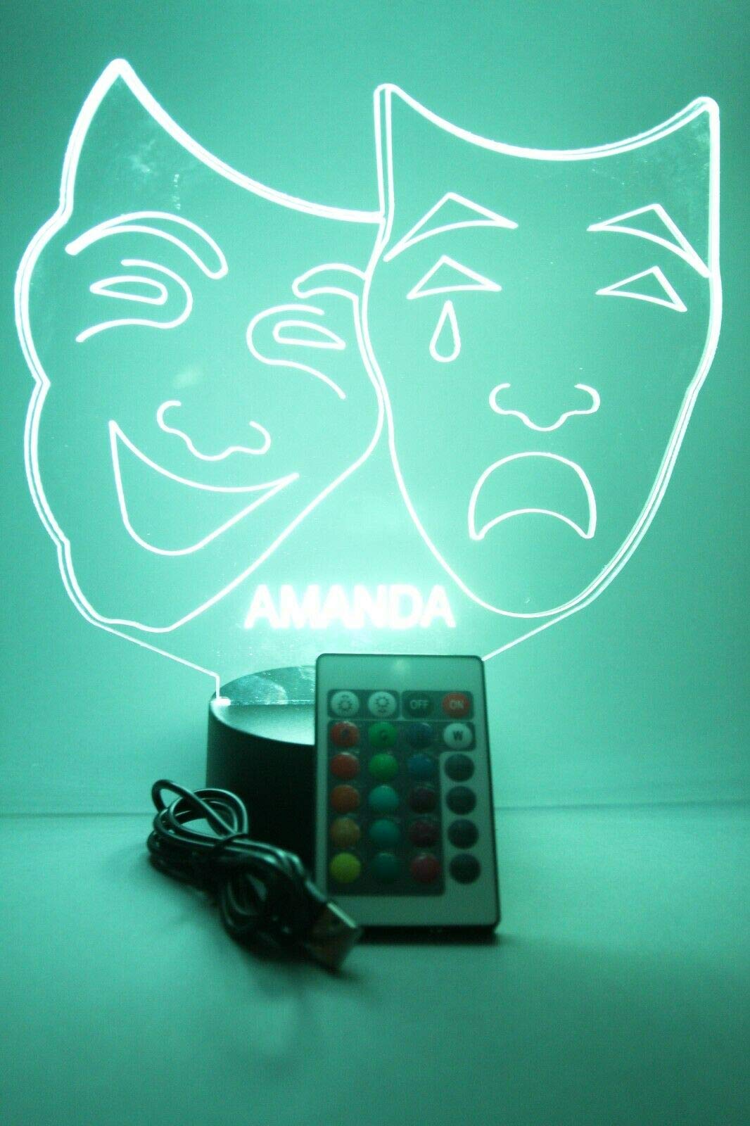 Mirror Mania Comedy Tragedy Theater Masks Light Up Night Light Lamp Led Engraved Custom Name Personalized Table Lamp, With Remote, 16 Different Color Options, Dimmer, It'S Wow, Great