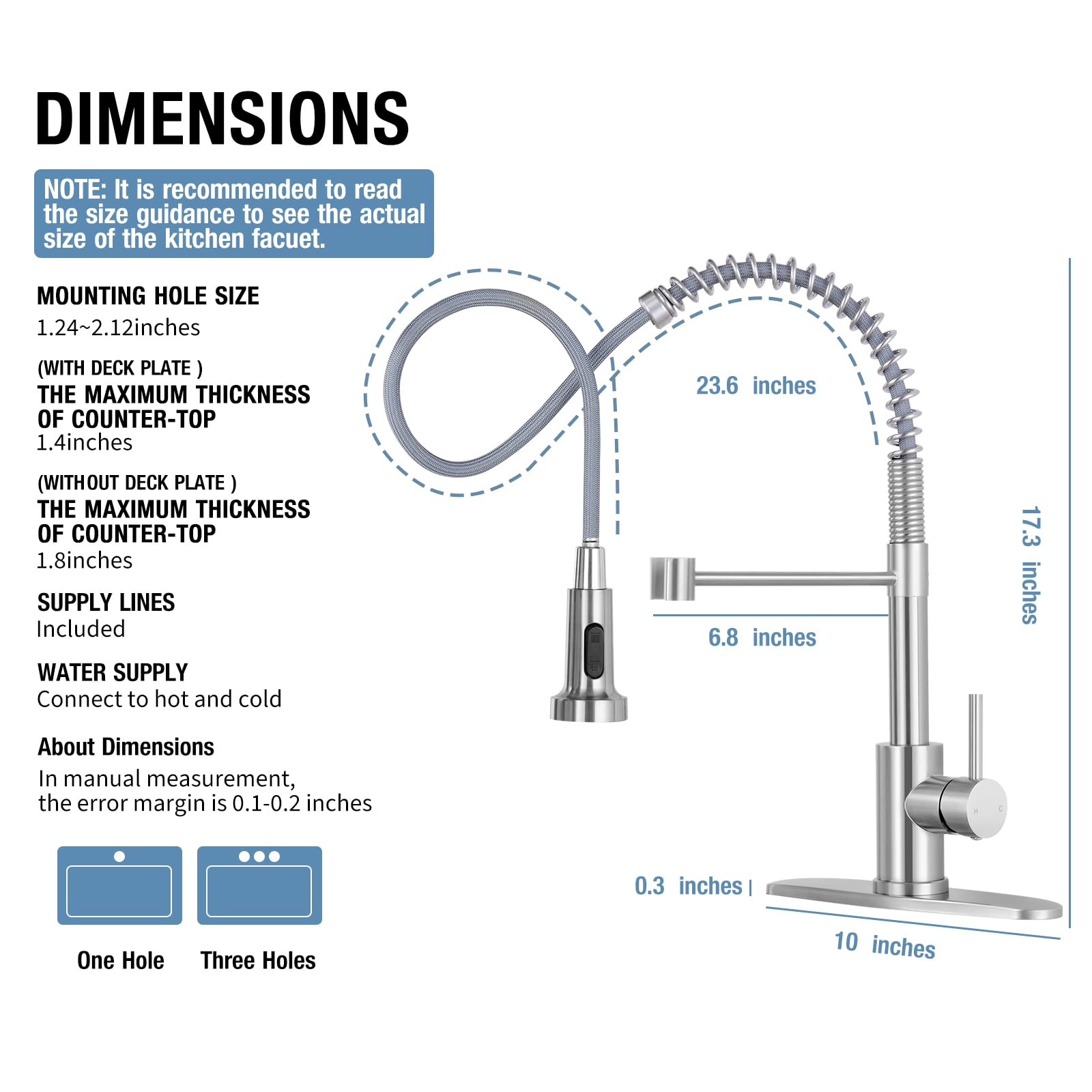 Djs Kitchen Faucets With Pull Down Sprayer Brushed Nickel -Single Handle 1 Or 3 Holes Spring Kitchen Sink Faucet With Deck Plate For Farmhouse Rv Vessel Basin