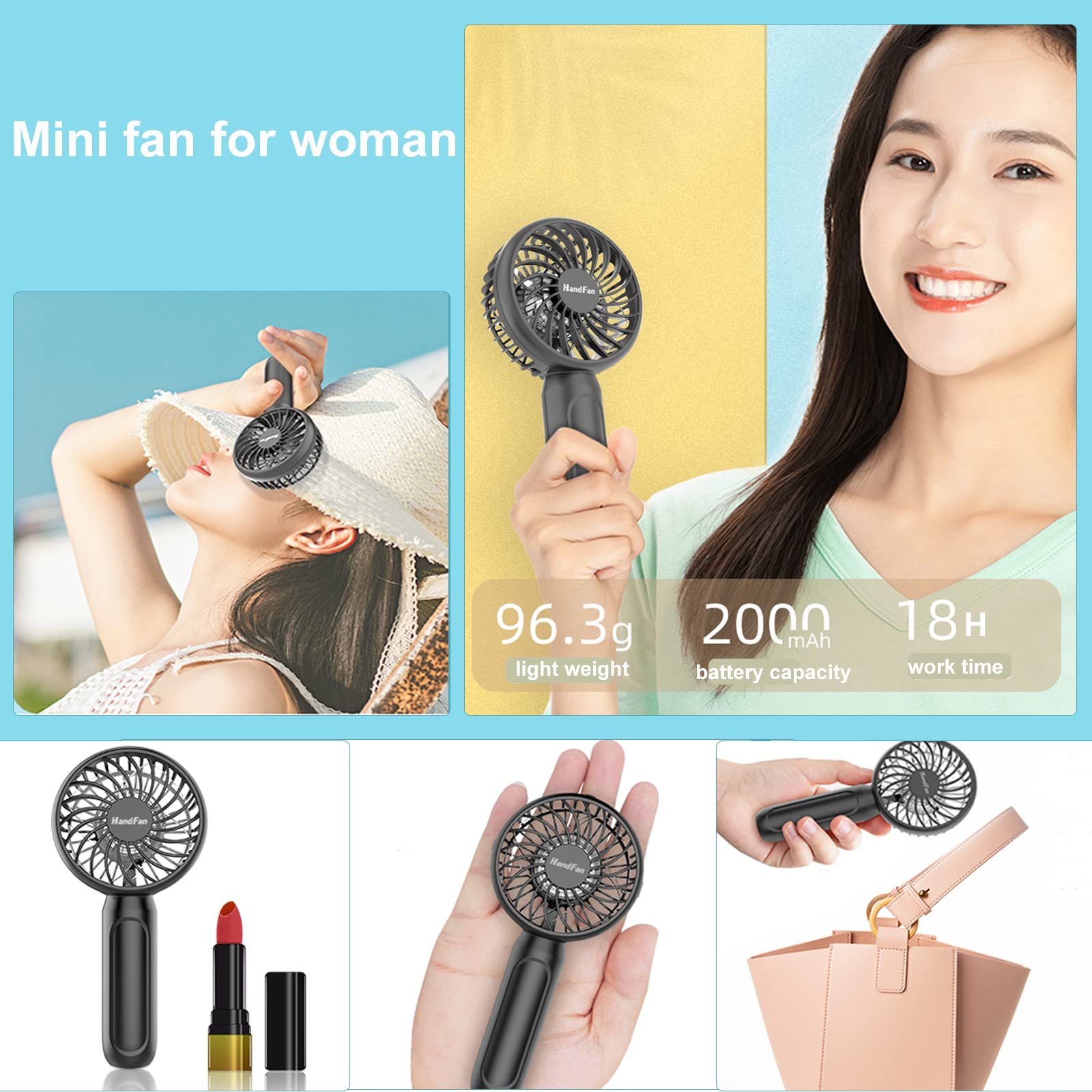 Handfan Mini Portable Handheld Fan, 3-Speeds Usb Rechargeable Pocket Fan With Natural Wind Mode