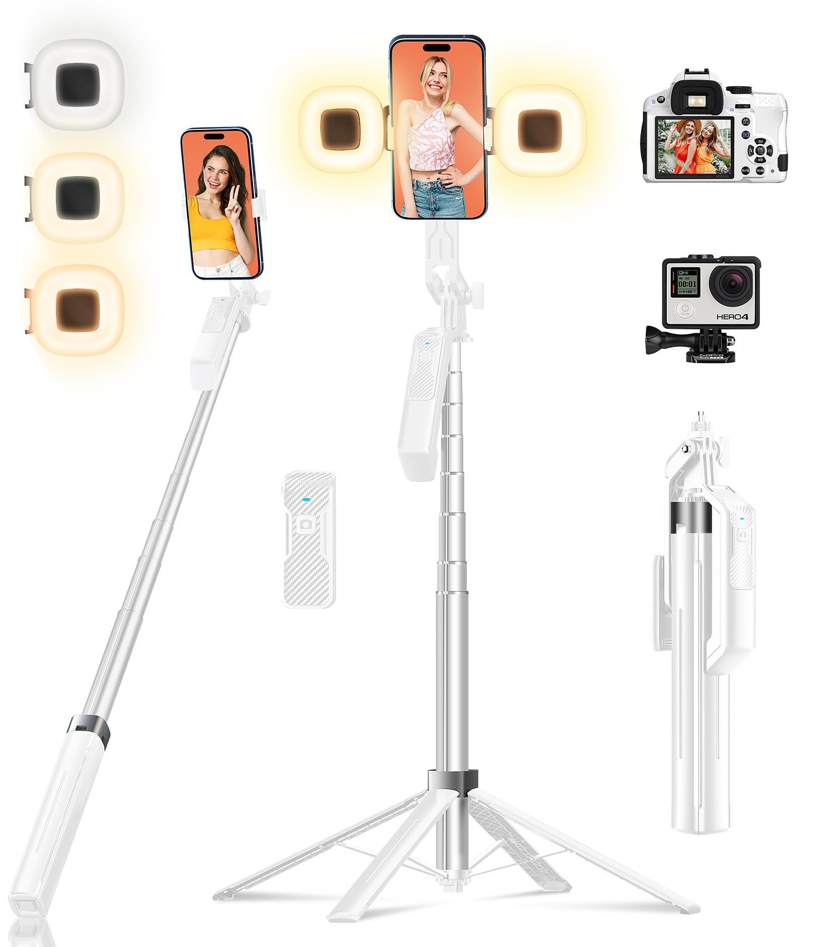Funxee Selfie Stick Phone Tripod - 71 Inch Tall Cell Phone Holder With Detachable Wireless Remote And 2 Led Lights For Recording, Video And Picture, Phone Stand For Iphone, Android, Camera & Gopro