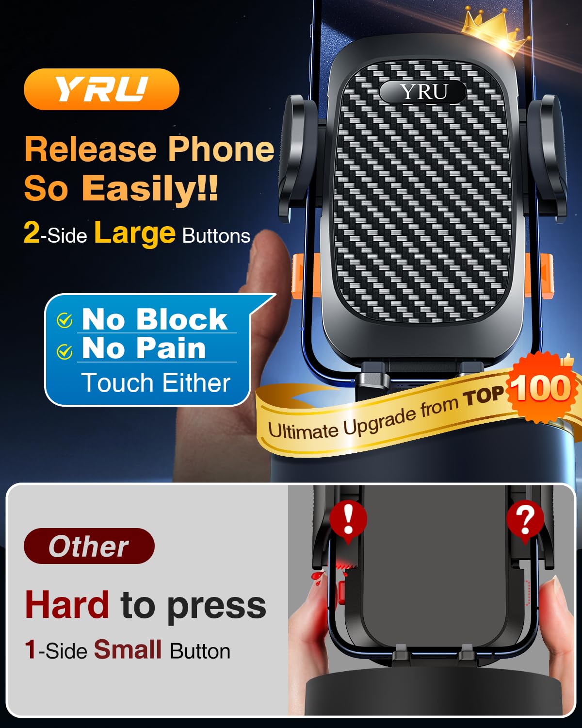 Yru [True Military-Grade & 360 Degrees Rotatable Suction]  Ultimate Car Phone Holder Mount 【90+Lbs Safest Strongest & Patent Certs】Dashboard Windshield Vent For Iphone 16 15 Pro Max Samsung, Black