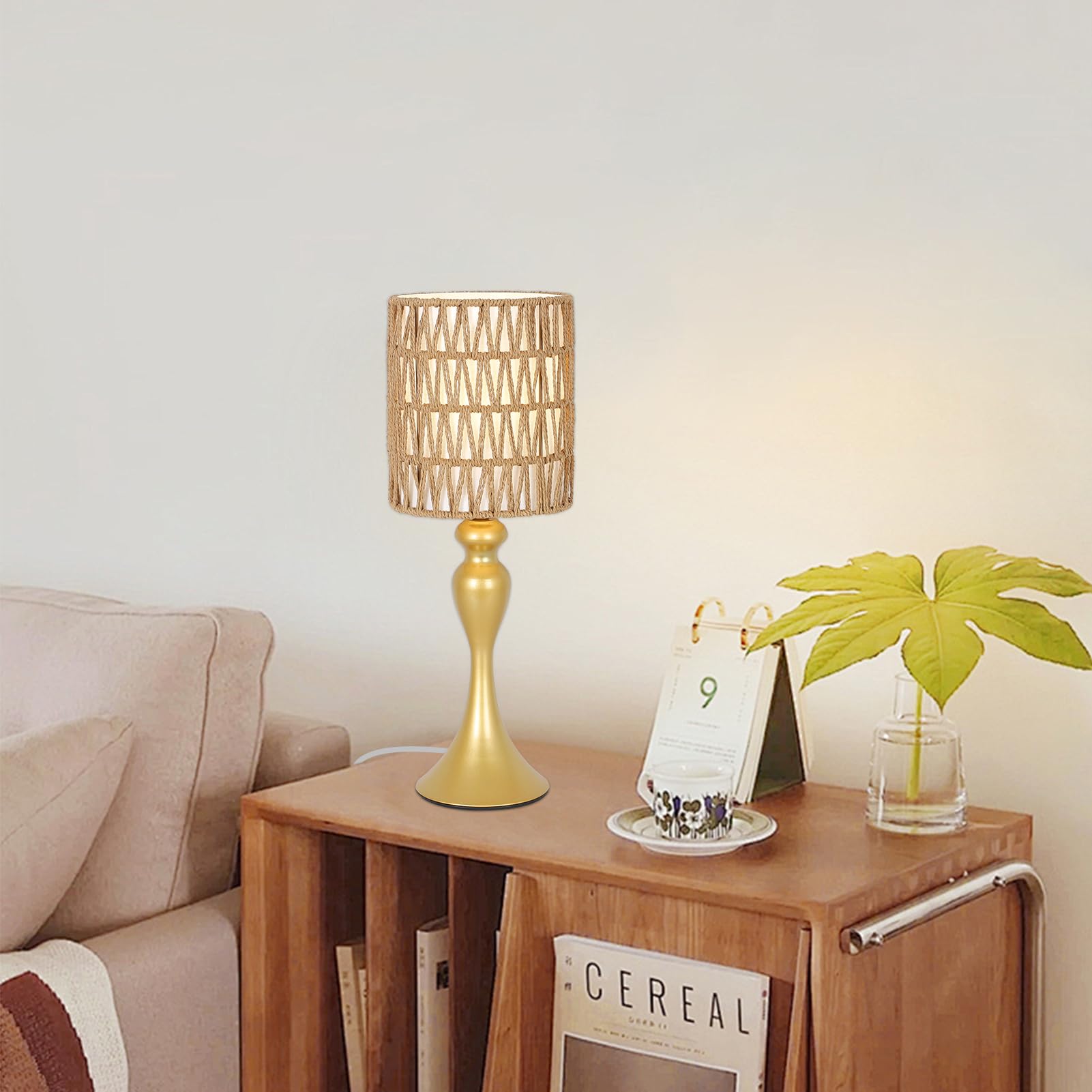 Eayaya Rattan Gold Table Lamp For Bedroom With Bulb, Boho Lamp For Night Stands, 3-Way Dimmable Touch Control Bedside Lamps, Mini Small Desk Lamp With Fabric Shade, Accent Side Table Lamp, Nightstand Lamp