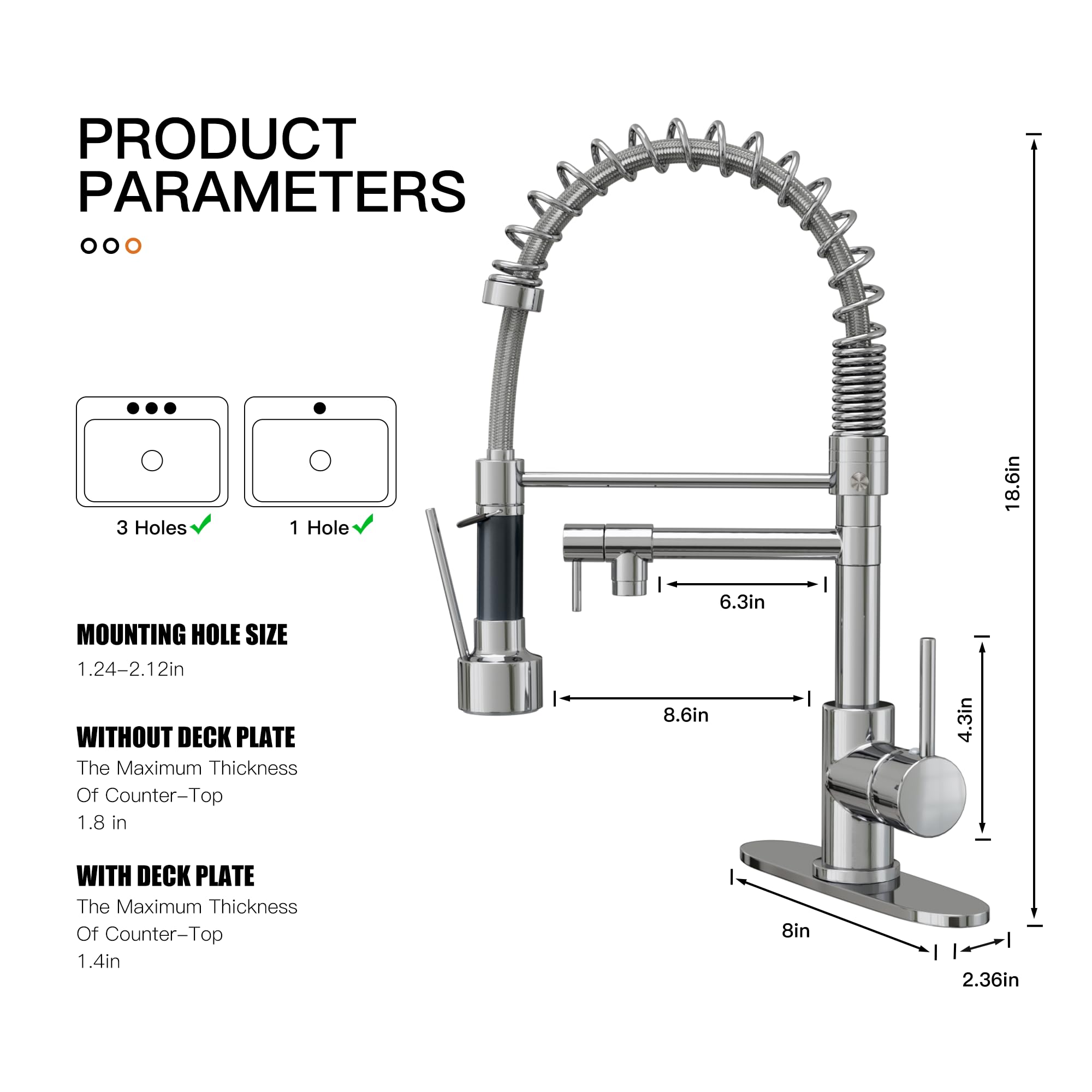 Geobella Kitchen Faucet With Pull Down Sprayer, Commercial Industrial Modern Single Handle Spring Copper Faucets For Kitchen Sink, Chrome