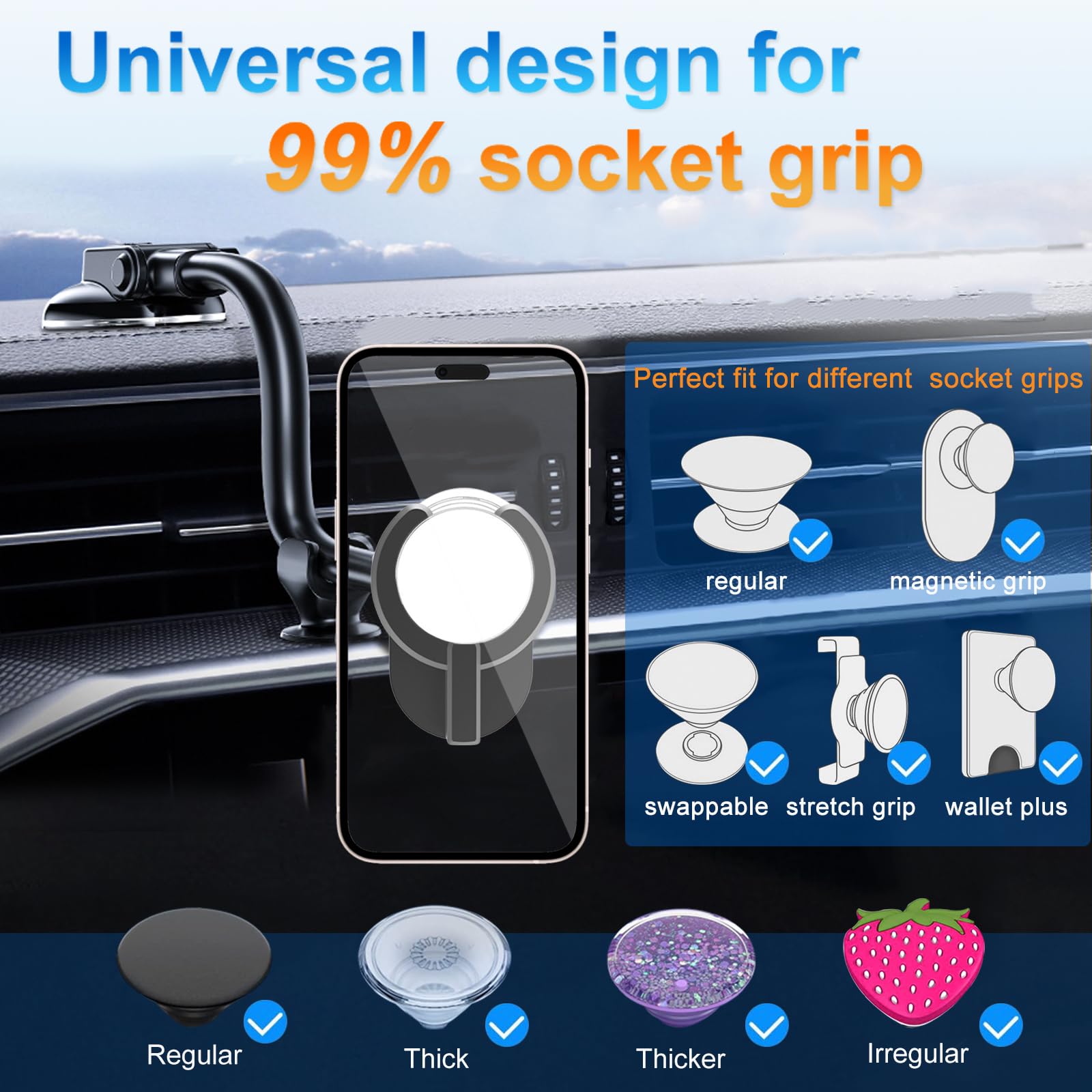 Jctriway Car Phone Mount For Collapsible Grip/Socket Mount User,Windshield/Dashboard/Vent Phone Holder With Strong Suction Cup,13-Inches Long Arm Gooseneck Cell Phone Cradle For Swappable Grip Stand