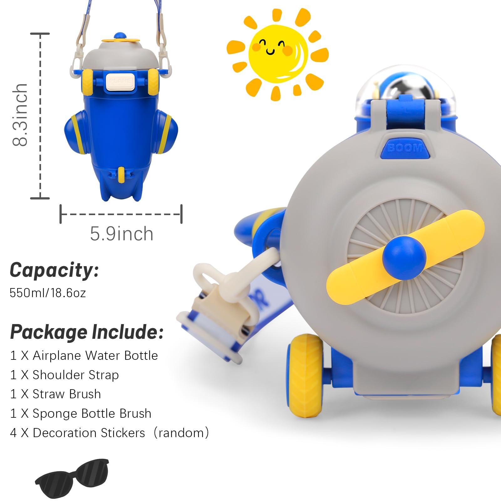 18Oz Plane Kids Water Bottle With Straw Shoulder Strap For Boys, Double Wall Airplane Bottles