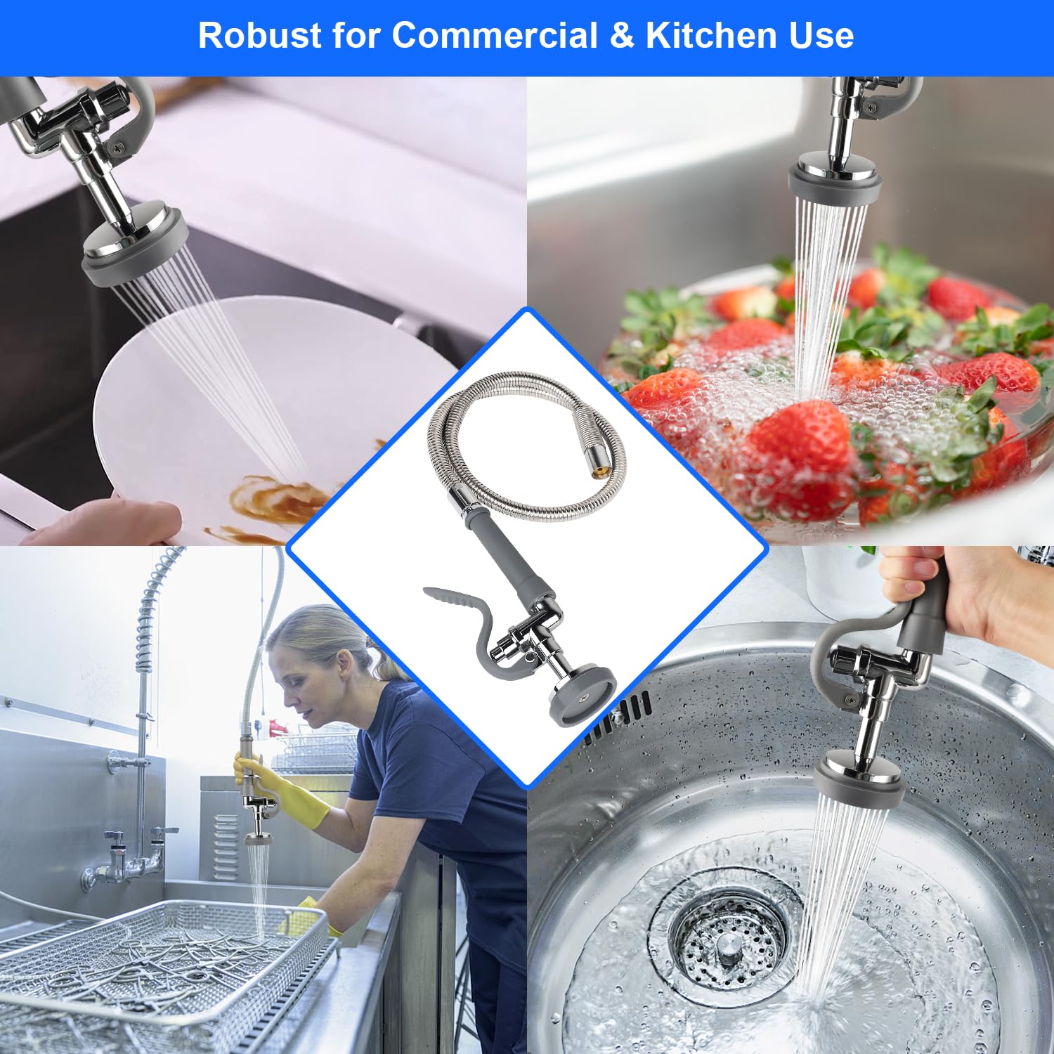 Abboraunt Pre-Rinse Hose With Spray Valve 38 Inch Flexible Stainless Dish Sprayer Hose With Sprayer Nozzle Head Replacement Kit For Commercial Kitchen Sink Faucet (Gray)