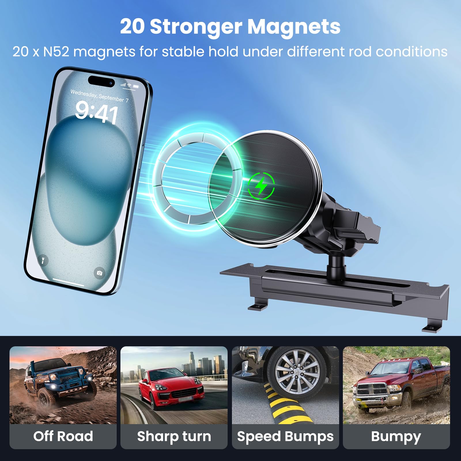 Kaishengyuan Magnetic Phone Mount With Wireless Charging For Ram Truck 2013-2018, Dash Mount Cell Phone Holder Compatible With Ram 1500/2500/3500 & 2019+ Classic 360° Rotation Smartphone Cradles