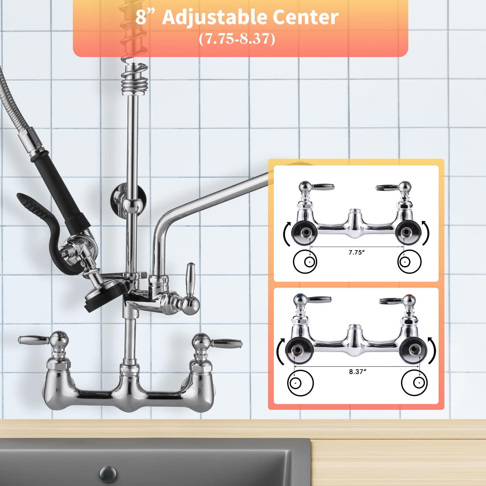 Golrean Commercial Faucet Wall Mount With Sprayer 21" Height, Brass Constructed 8" Add On Swing Spout Commercial Kitchen Sink Faucet With Pre-Rinse Pull Down Sprayer For 1/2 Compartment Sink