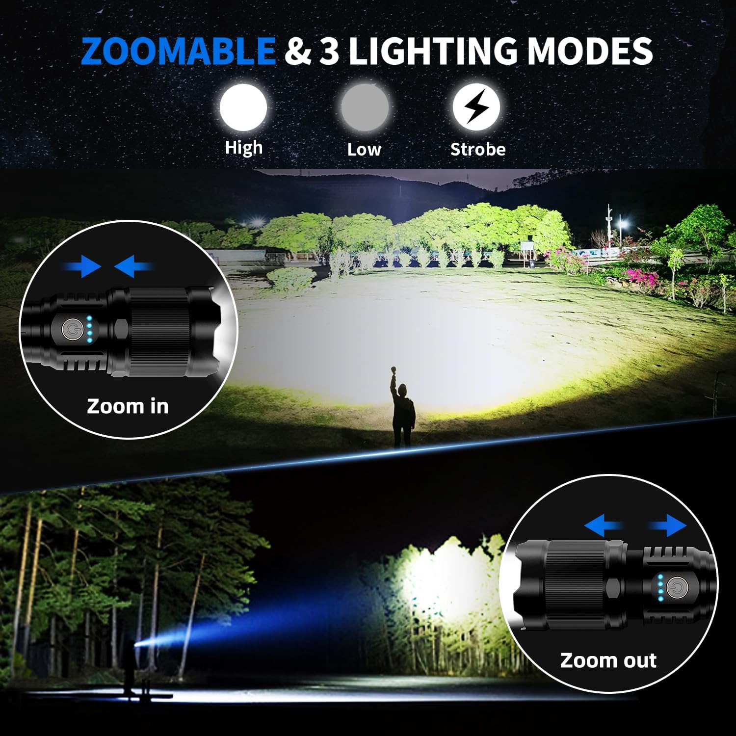 Teqdot Flashlights High Lumens 990000 Led Rechargeable Utility Flashlight Zoomable 3 Modes Fast Charging Ipx6 Waterproof Super Bright Black Handheld Flashlights For Camping Hiking Outdoor And