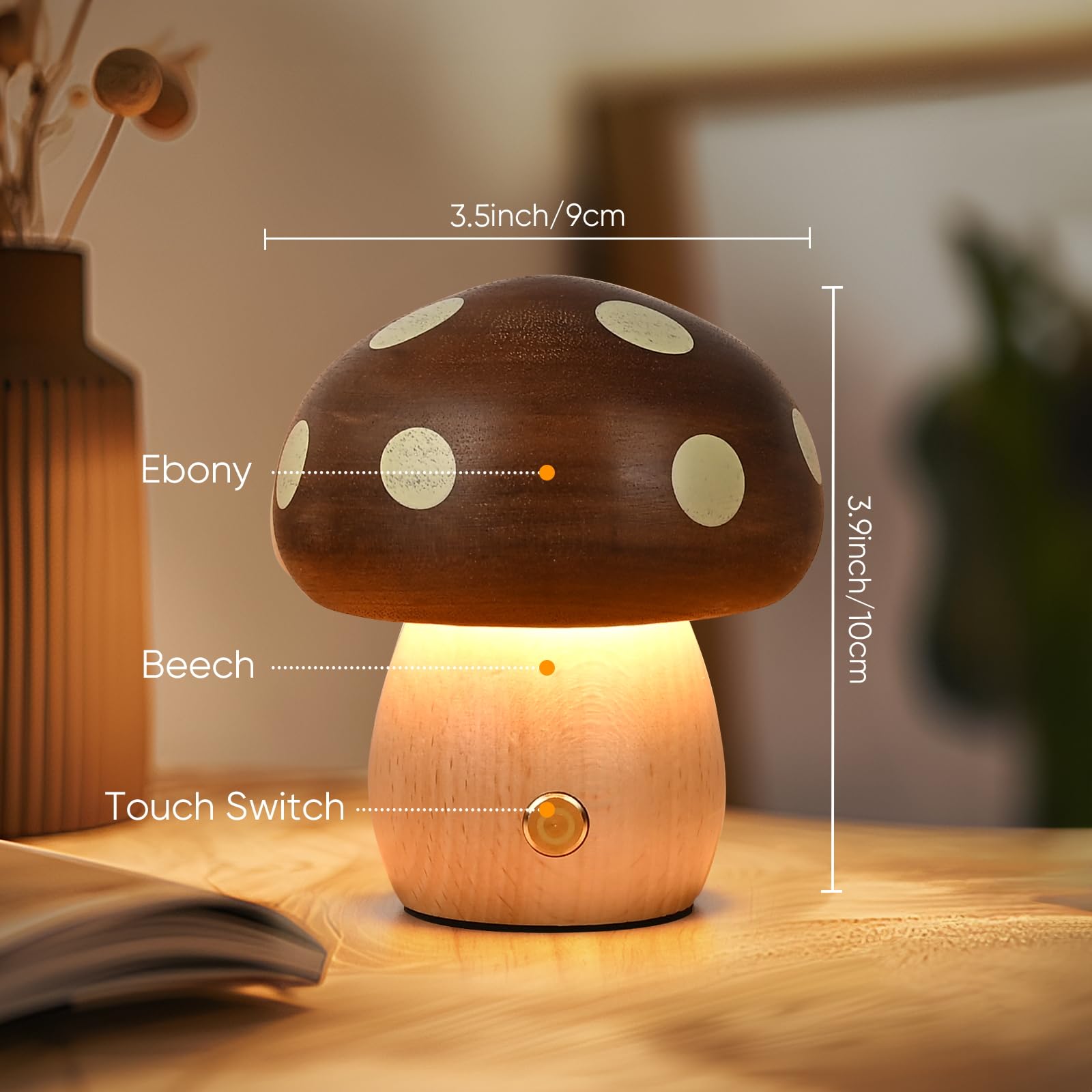 Lonrisway Led Wooden Mushroom Lamp, Rechargeable Battery Operated Portable Cordless Touch Switch Small Lamp, Stepless Dimming Night Light For Birthday