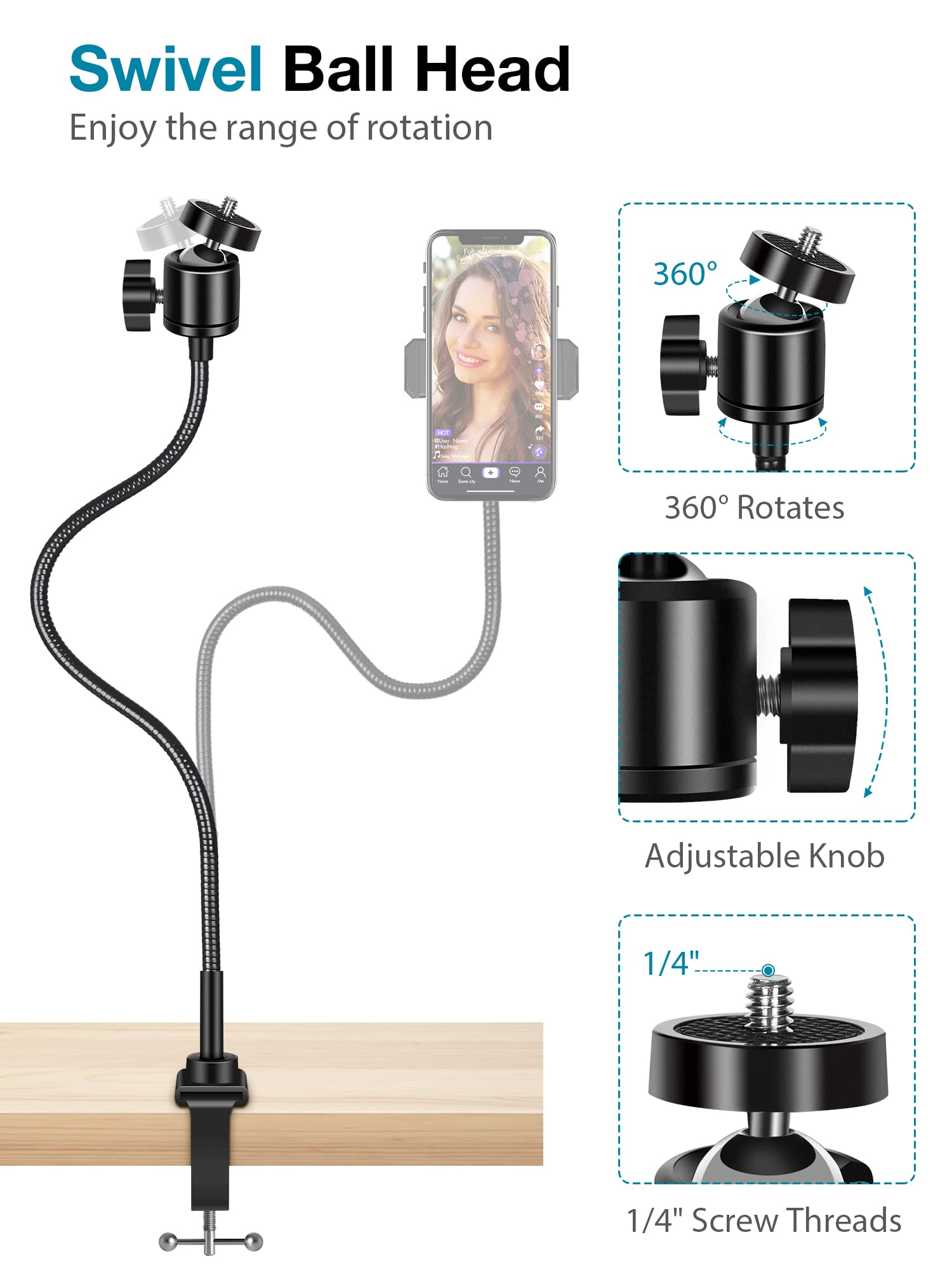 Innogear Webcam Stand With Phone Mount, Desk Camera Arm Stands Gooseneck For Logitech Webcam Brio 4K C960 C920 C920S C922 C922X C925E C930 C930E C615 Nexigo N60, Right Light, Gopro With 1/4" Thread