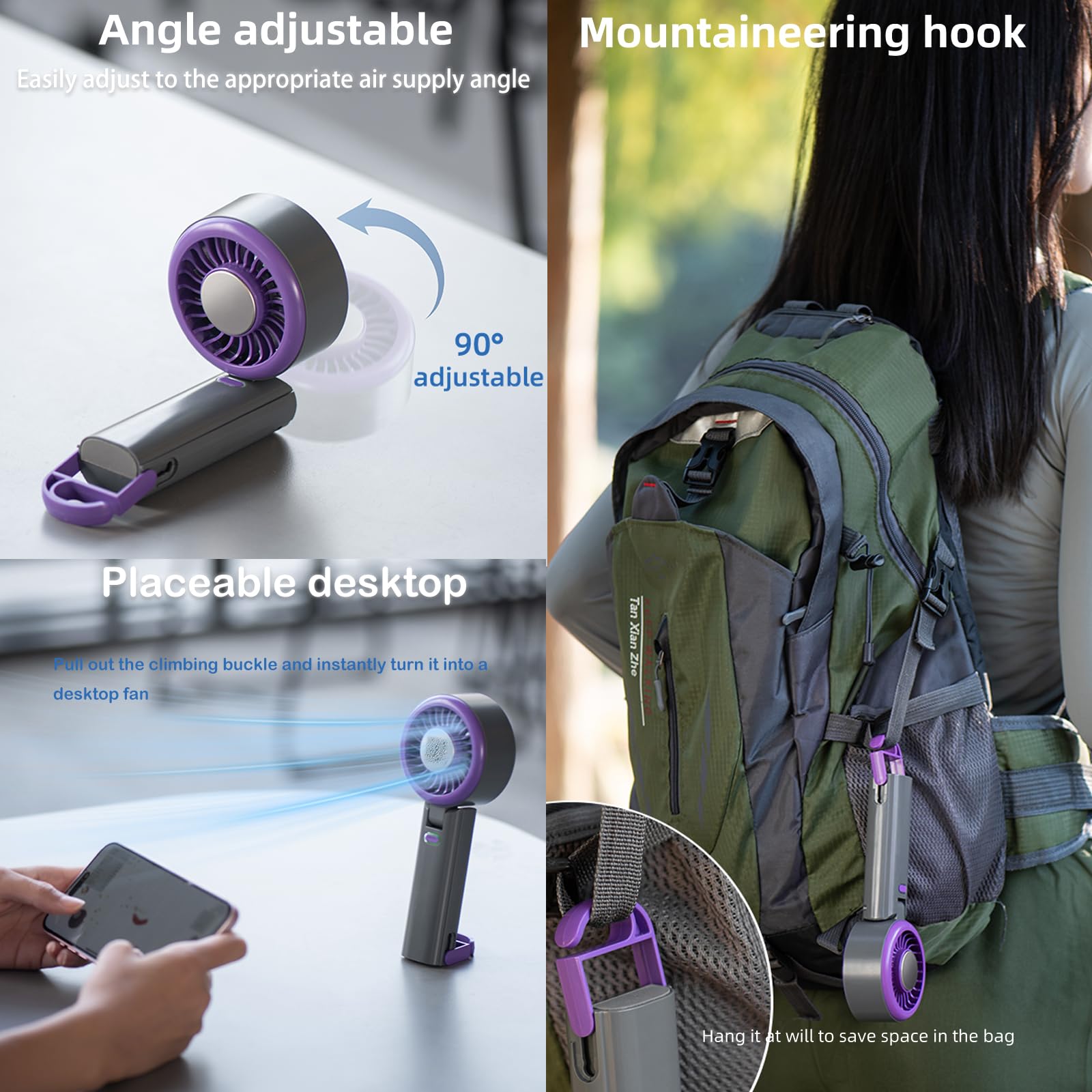Portable Mini Fan-3 In 1 Usb Rechargeable Personal Fan, Handheld Fans,Desktop,Neck Hanging,5 Wind