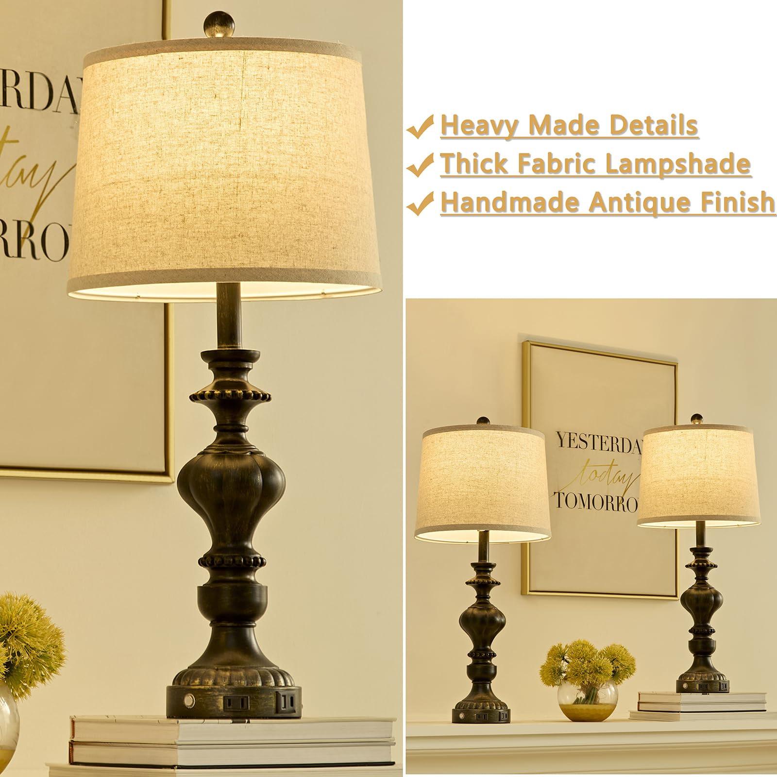 Saiweya 27.5" Farmhouse Table Lamps Set Of 2 Bedside Lamp With Usb C+A Ports & Ac Outlet, 3 Way Dimmable Touch Lamps For Living Room Bedroom Office Hallway Rustic Nightstand Traditional Lamp