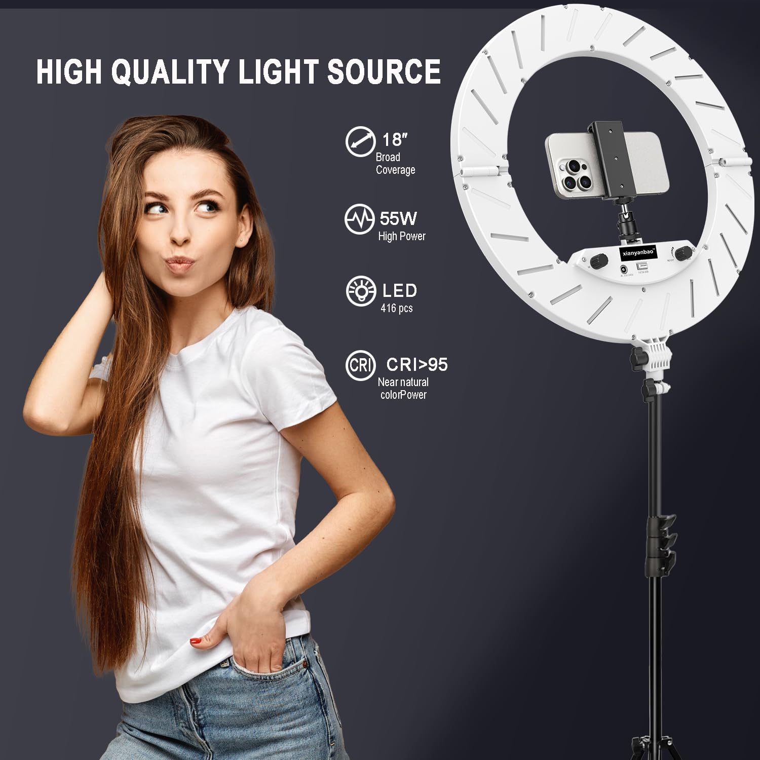 Xianyanbao 18 Inch Ring Light Kit, 55W Dimmable Led Light, Tripod Stand, Remote Controller,Box,Cri95