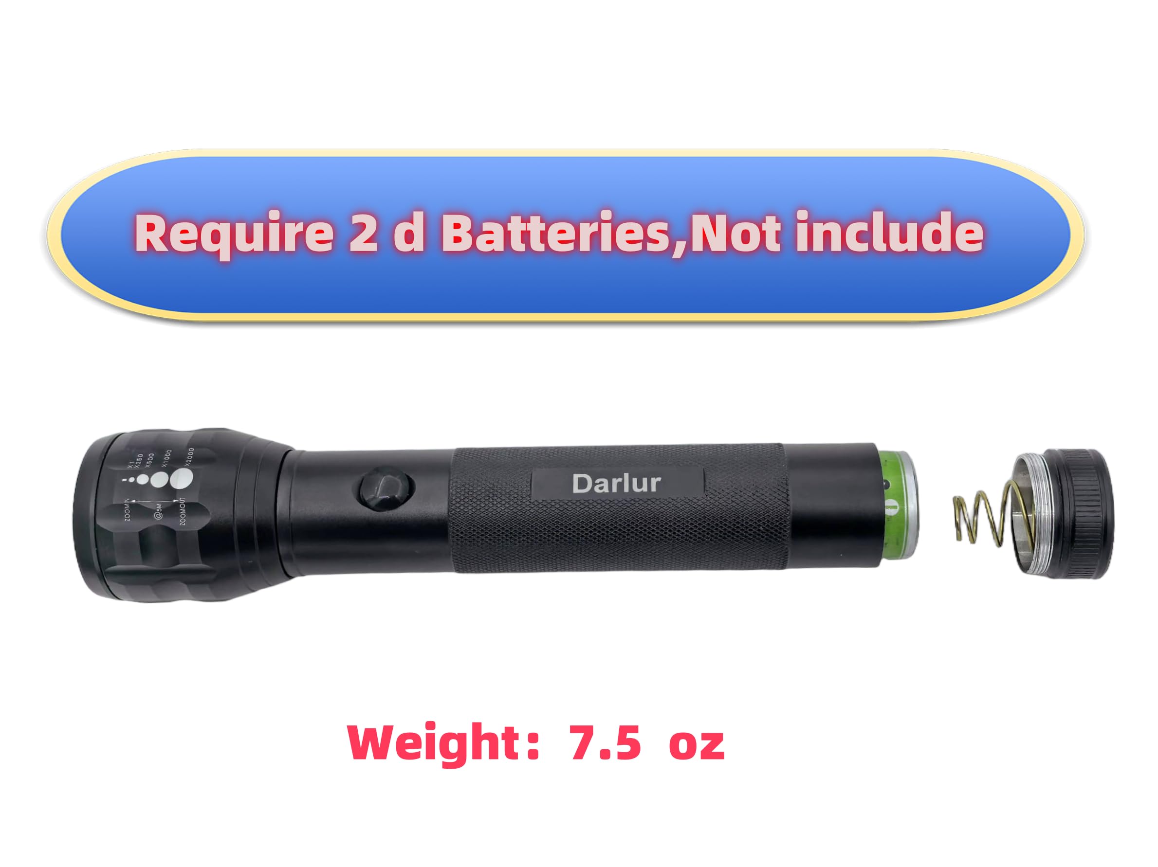 Darlur Heavy Duty Led Flashlight, 2-Cell D Battery Big Flashlights, Aluminum Body，3 Light Modes, 500 Lumen Zoomable Adjustable Focus， For Home ，Outdoor Adventures And Emergency Power Outages