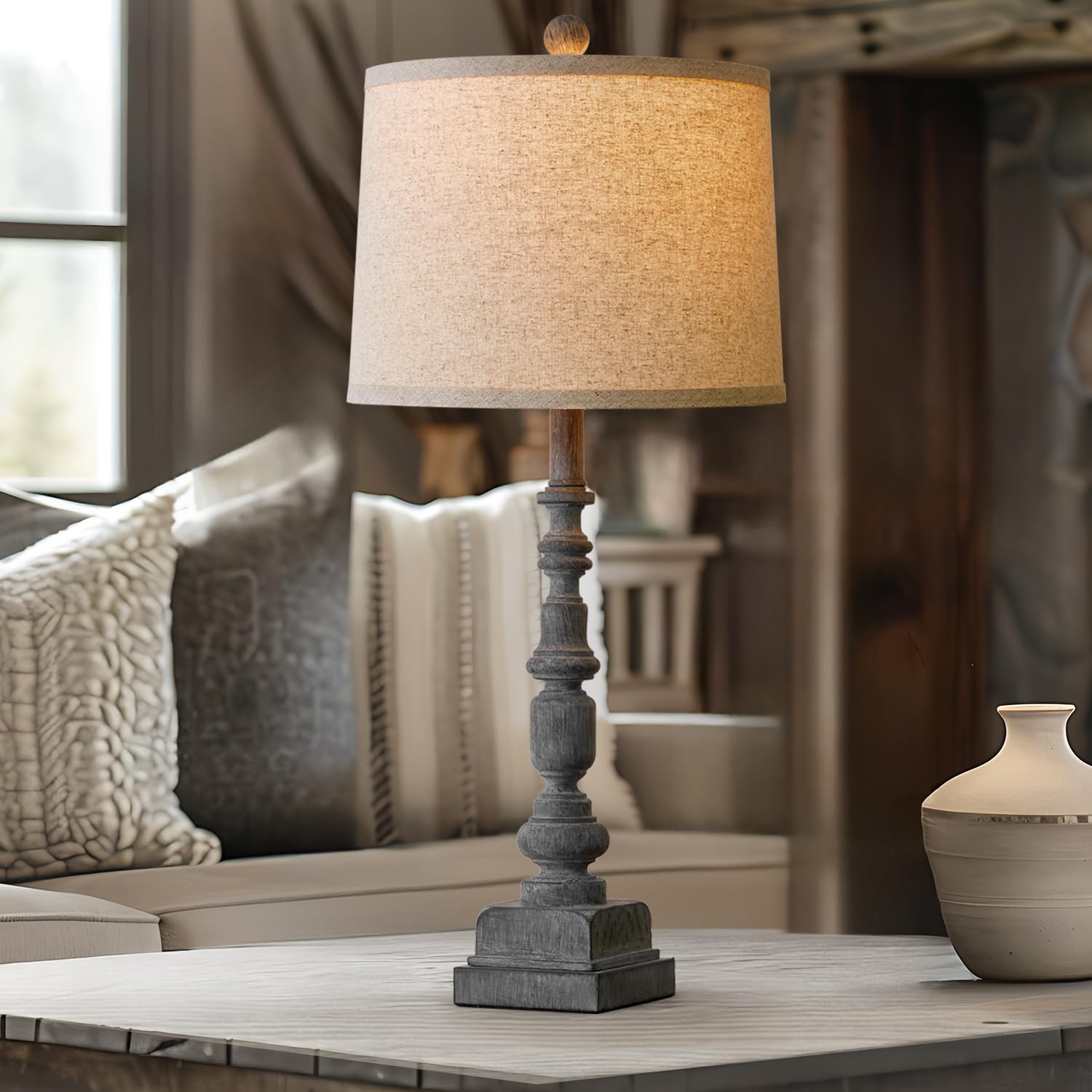 Oneach 27.75" Single Table Lamp For Living Room, Farmhouse Bedside Lamps With Dual Usb Port For Bedroom Kids Room Dorm Office, Rustic Lamps For End Table Nigntstand Resin