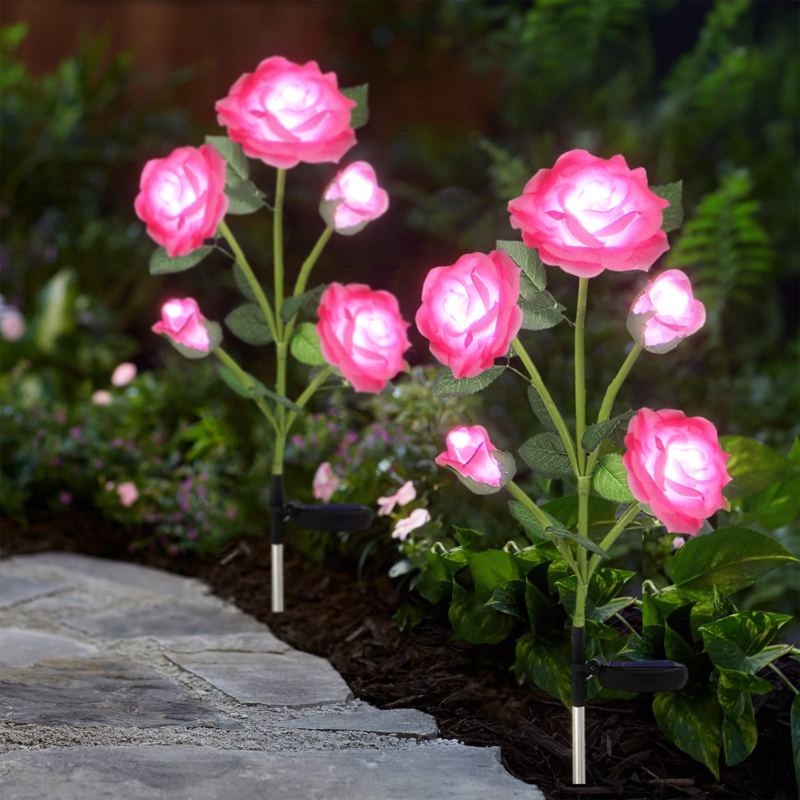 Smilingtown Solar Flower Lights Garden Decorations Outdoor Waterproof [Updated] 2 Packs 10 Pink Roses Solar Decorative Stake Lights For Patio Pathway Yard Lawn Decor
