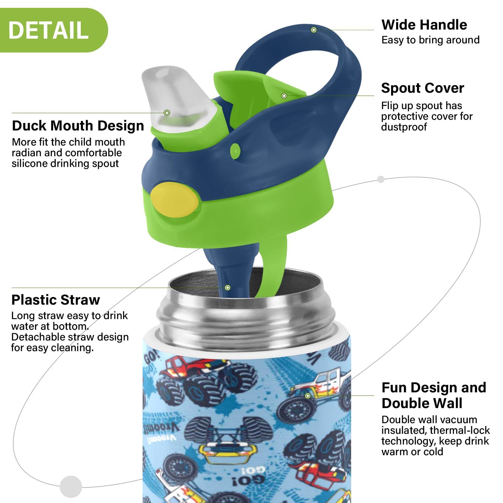 Boccsty Monster Truck Cars Seamless Pattern Kids Water Bottle With Straw Lid Insulated Stainless