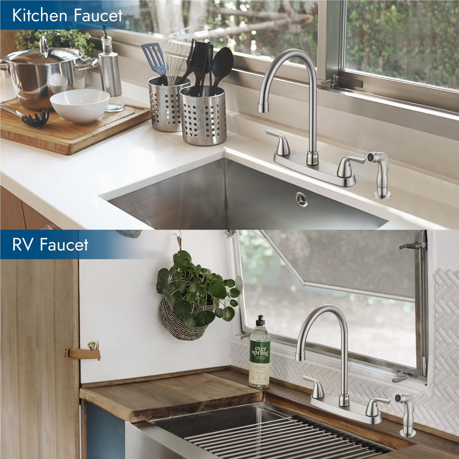 Cinwiny Kitchen Faucet 8 Inch Centerset 2 Handle High-Arc 360 Degree Swivel Spout With Supply Lines,3 Hole Kitchen Sink Faucet With Side Sprayer,Brushed Nickel