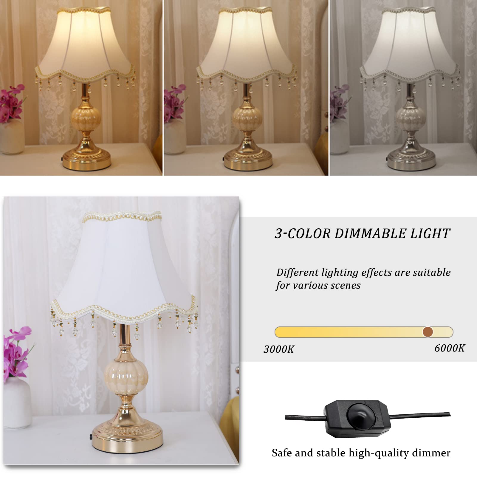 Puresilks Classical Tiffany European Style Table Lamp Fabric Drum Shade And Gold Base American Decor Classic Bedside Desk Nightstand Lamp For Bedroom Living Room