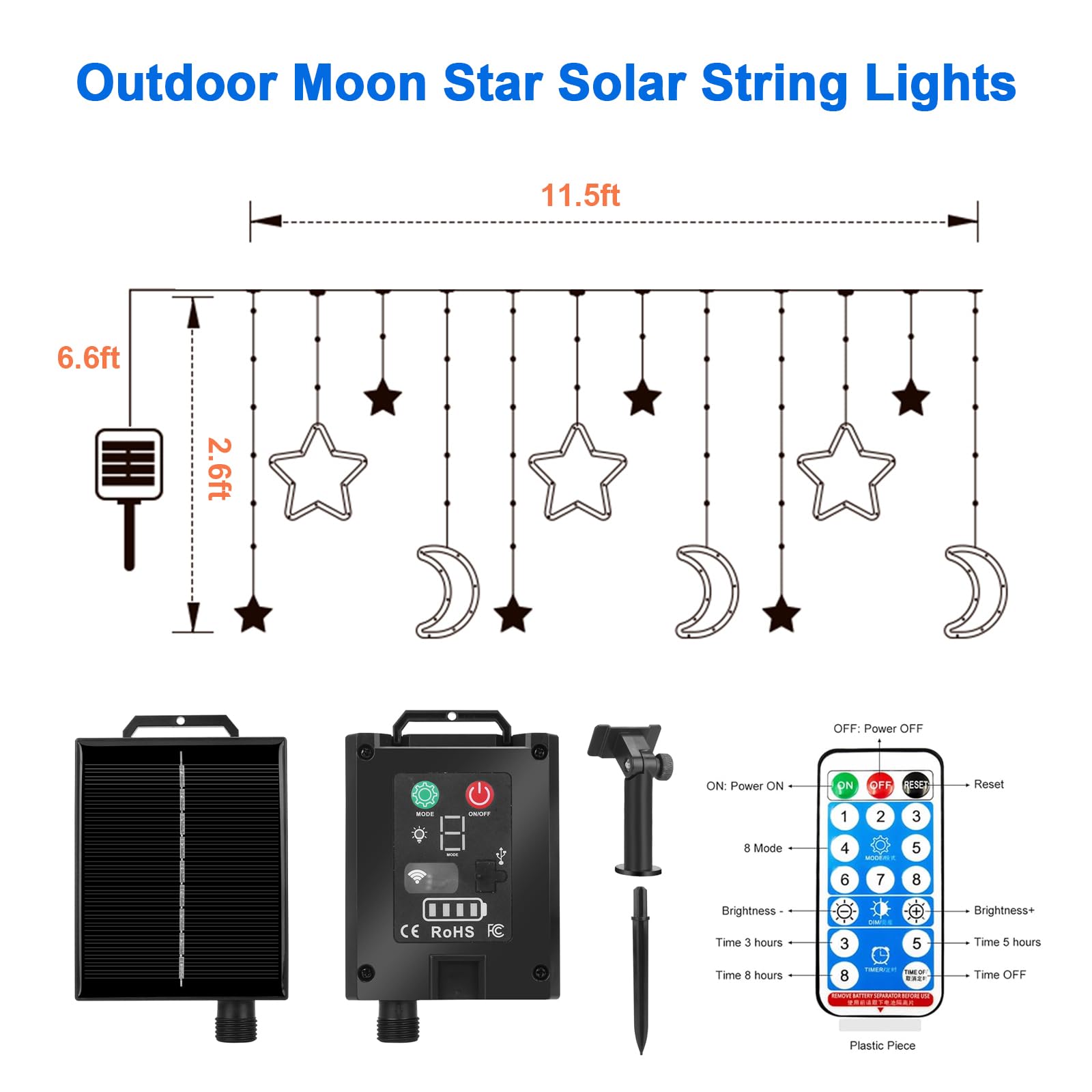 Lylyzoo Moon Star Solar String Lights For Outdoor, Ip65 Waterproof Curtain Lights With Remote Control And Usb Backup Charger, Camping Decorations, Automatic On-Off, Warm Yellow