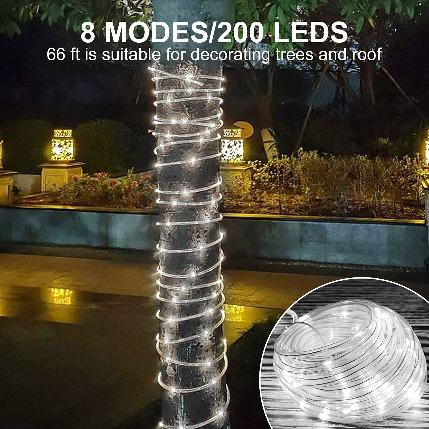 Lychee Solar Powered Outdoor Rope Light, 66Ft 200Led 8 Modes Ip65 Waterproof Large Powered Tube, Remote Control Timer String Lights For Holiday Christmas Party Decoration (Warm White)