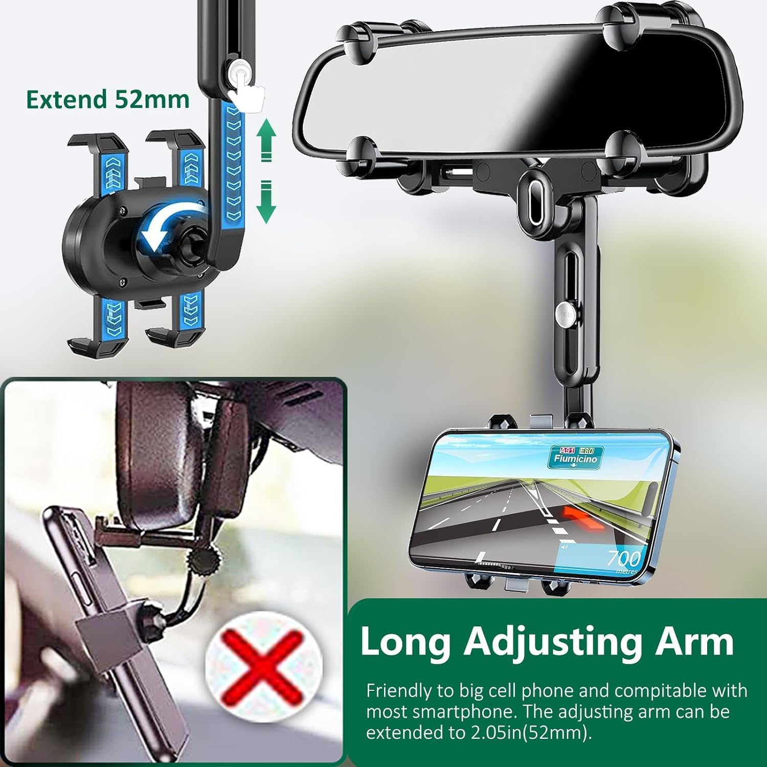 Ilkcc Rearview Mirror Phone Holder For Car, 360° Rotating And Retractable Multifunctional Rear View Phone Mount,  Four Corners Fixed Anti-Shake Fit All Smartphones & Bigger Vehicle