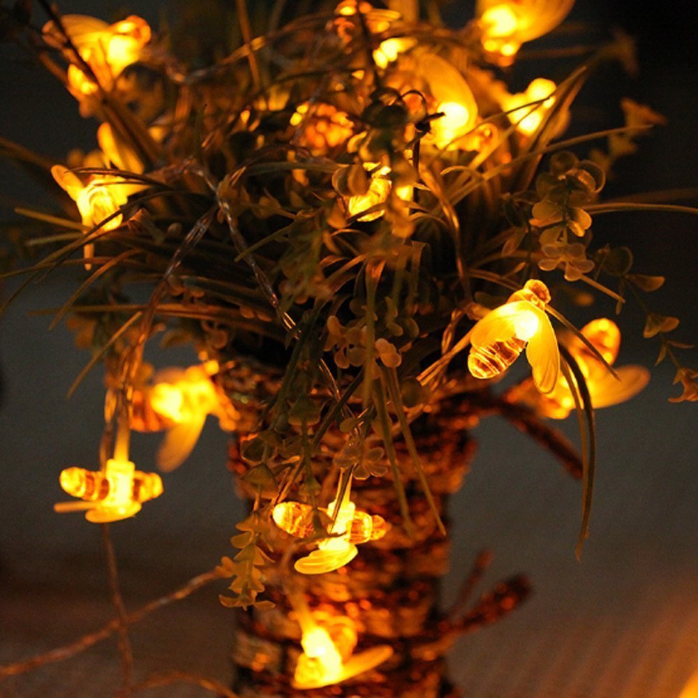 Dinowin Honey Bees Lights, Bee String Lights Solar Power Honeybee Fairy String Lights Waterproof 30 Led For Outdoor Garden Summer Party Wedding Xmas Decoration (Warm White)