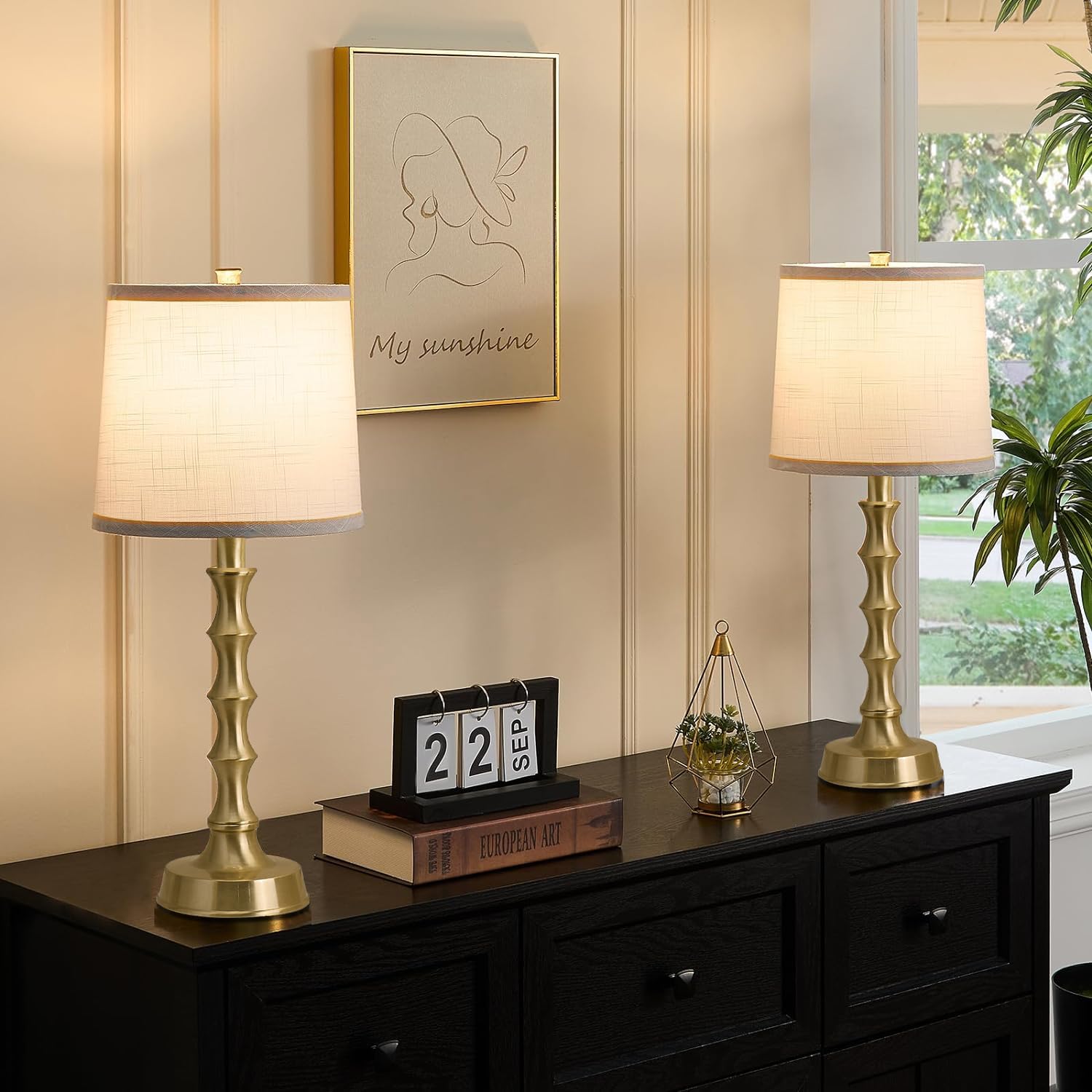 Hgnpjc Set Of 2 Gold Table Lamps, 24" Electroplated Gold Bamboo Base With White Linen Shade, Compact Nightstand Lamps For Bedroom, Living Room, Office Decor