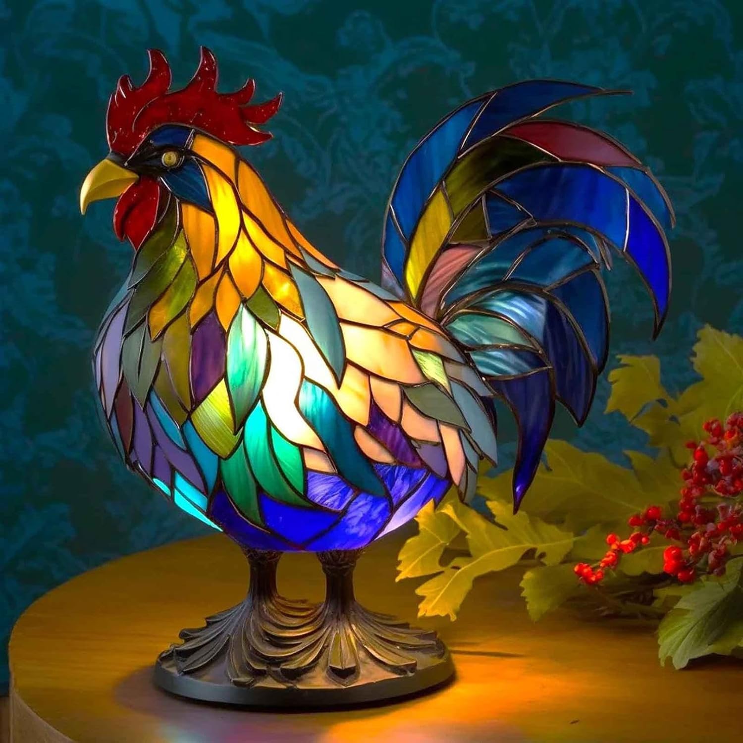 Dysel Animal Table Lamp Series, Stained Resin Animal Night Light (Rooster, Cat, Dragon, Wolf, Dolphin, Horse, Owl, Turtle)