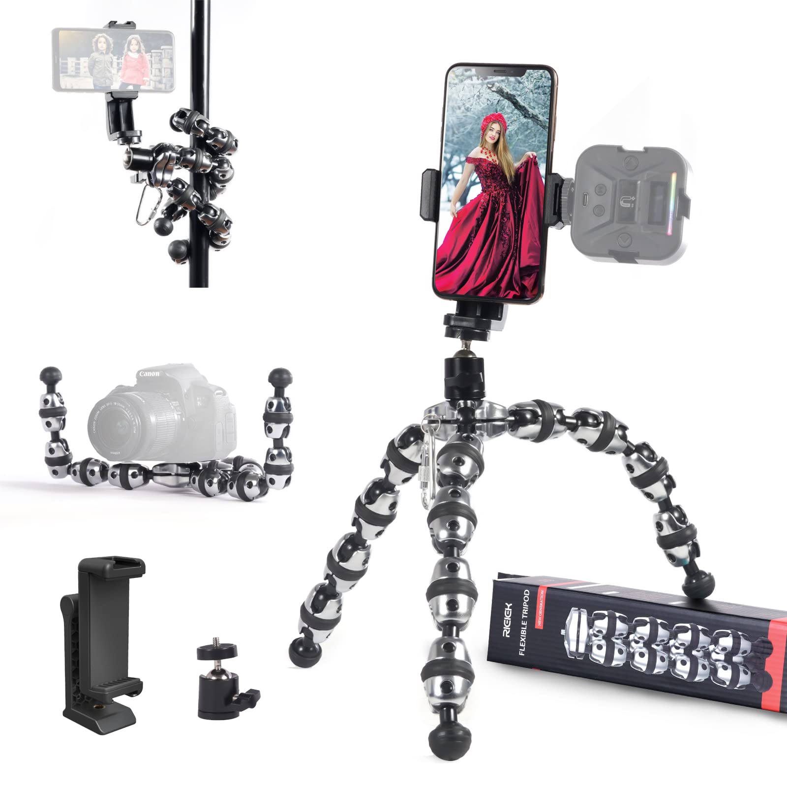 Rieiek Flexible Multifunctional Tripod Camera Mount With Gimbal And Phone Clip Multi-Angle Adjustable Octopus Tripod For Iphone, Android Phone, And Even Can Be Used As A Camera Mount Handle
