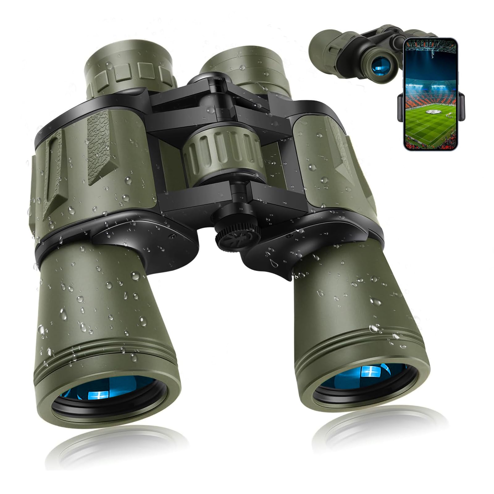 Joneme 20X50 High Powered Binoculars For Adults,Compact Binoculars Telescope With Low Light Vision For Bird Watching Travel Stargazing Concerts Camping -Bak4 Prism Fmc Lens With Phone Adapter(Green)