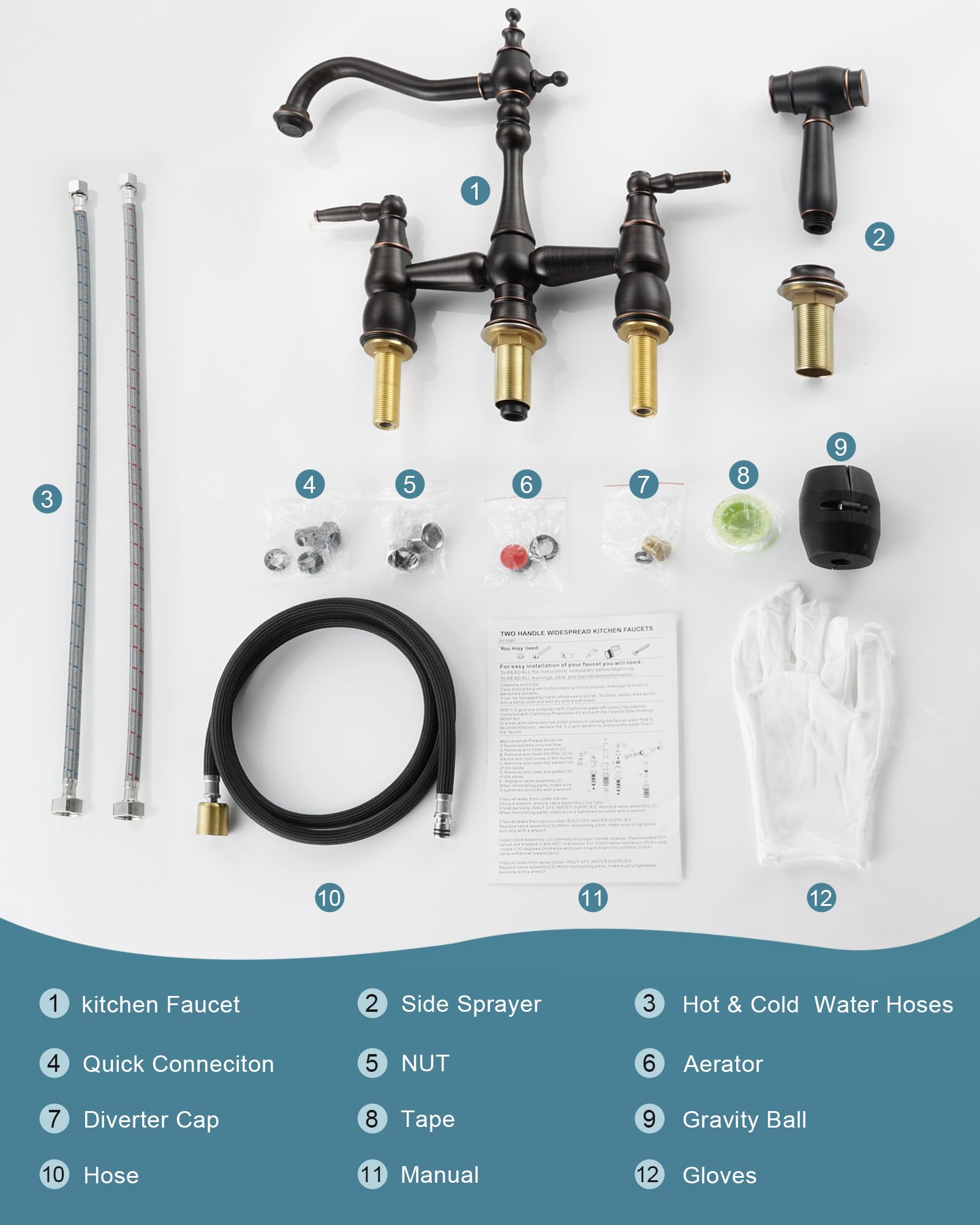 Aleasha Bridge Centerset Kitchen Sink Faucet, Deck Mount Brass Kitchen Faucet With Side Sprayer, 2 Handle 4 Hole 360° Swivel Vintage Farmhouse Copper Faucet, Oil Rubbed Bronze