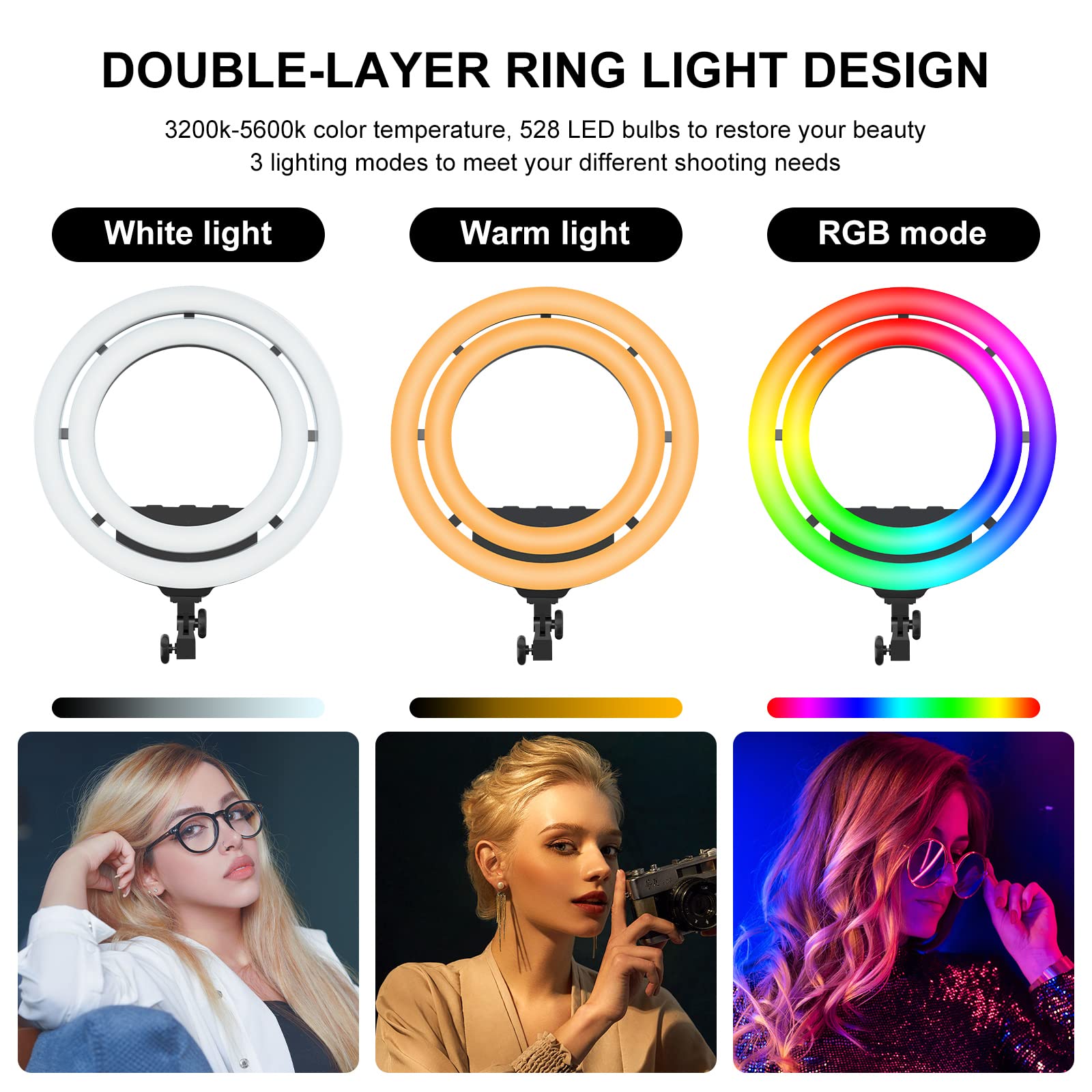 Gvm 18" Selfie Ring Light With 65" Adjustable Tripod Stand & Phone Holder, Remote App Program Control, 50W Double-Layer Led Rgb Camera Light Ring For Photography/Youtube/Live Broadcast/Makeup