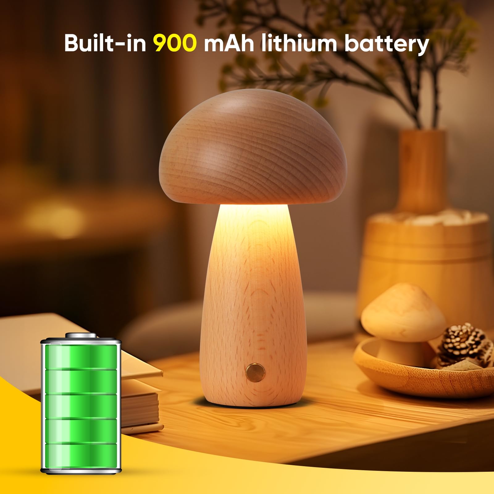 Lonrisway Wooden Mushroom Lamp For Bedroom, Portable Cordless Small Rechargeable Battery Operated Lamp,Stepless Dimming, Night Light For Birthday