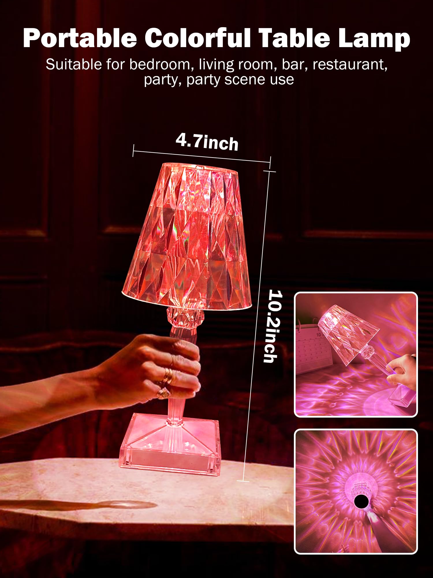 Dsyhyl Cordless Lamp Crystal Table Lamp, 2000Mah Rechargeable Touch Lamps Rgb 16 Color Night Light Led Diamond Small Lights Portable Battery Powered Bedside Desk Lamp For Bedroom Restaurant Bar Coffee Shop