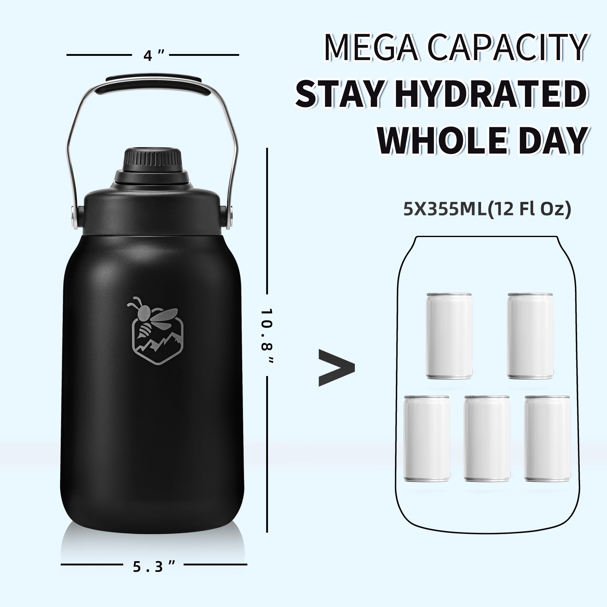 Boulder Bee Insulated Water Bottle  Half Gallon Water Jug With Handle  64 Oz Stainless Steel