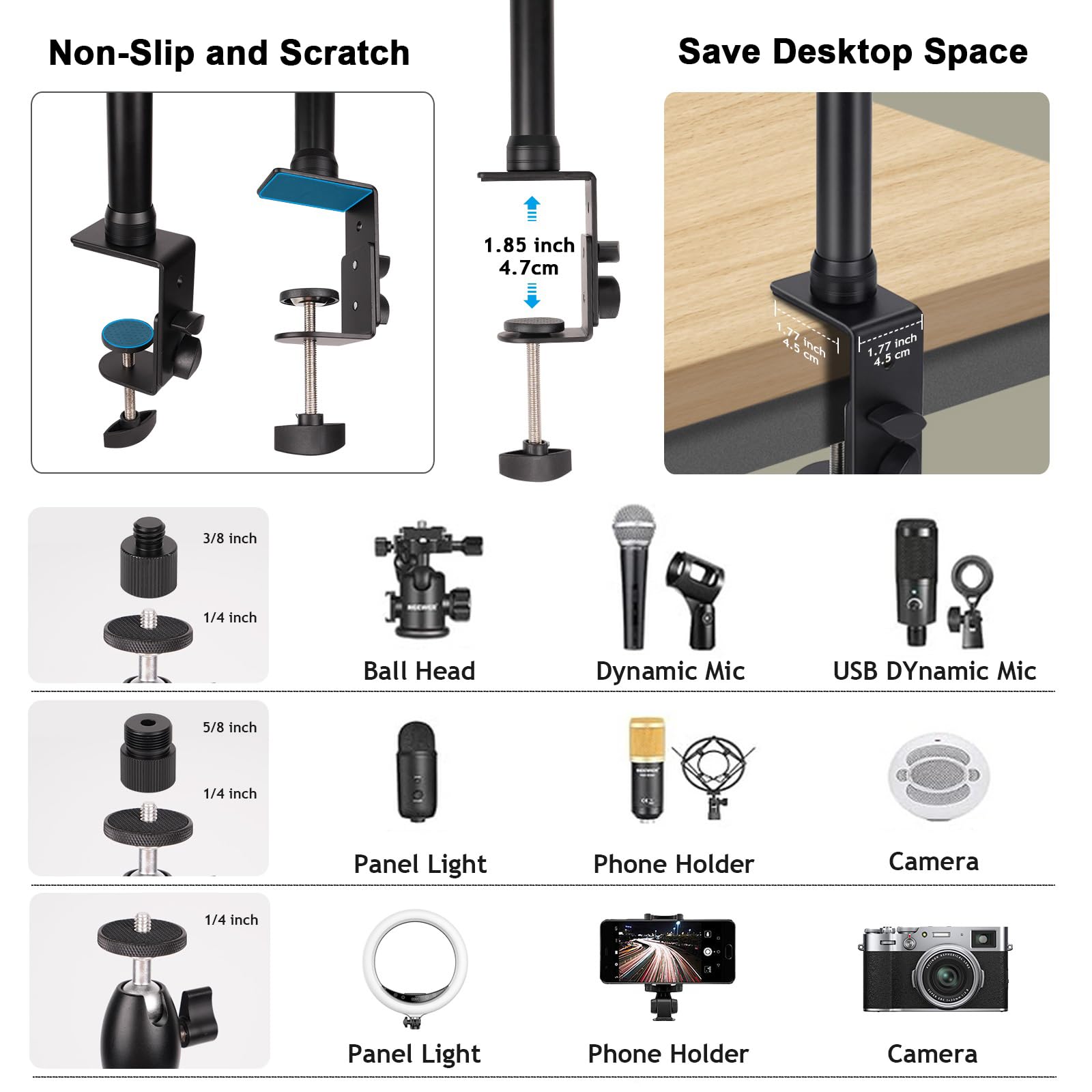 Tsonaregion Camera Desk Mount Heavy Duty Aluminum Alloy With 360° Ball Head - Adjustable 15.7-35.4 Inch Table Clamp For Dslr, Webcam, Ring Light, Live Streaming & Video Shooting