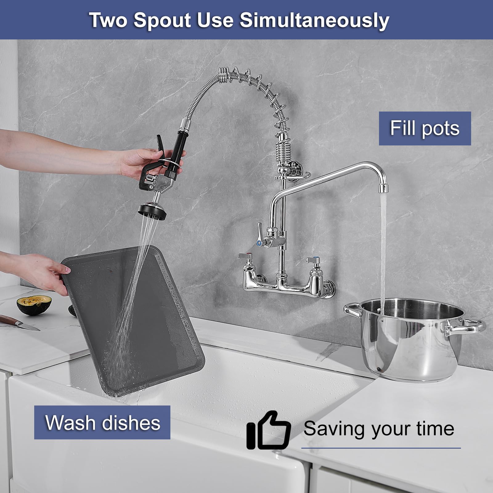 Bathfinesse Commercial Kitchen Faucet, Wall Mount Faucet, Commercial Faucet With Sprayer, 8'' Center 3 Compartment Sink Faucet With 12'' Swing Spout, Chrome