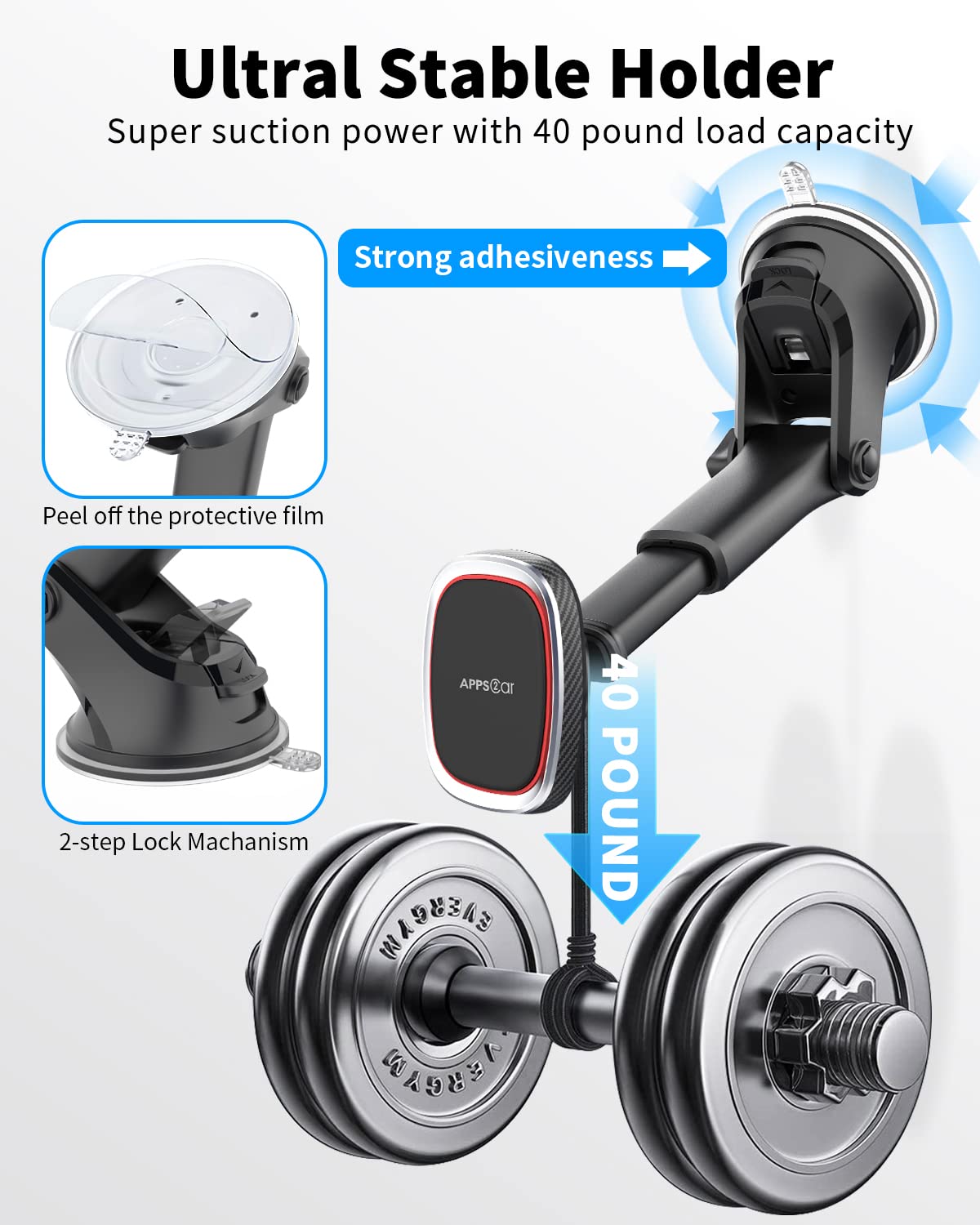 Apps2Car Magnetic Phone Mount, Dashboard Windshield Suction Cup Car Phone Holder Phone Mount With 6 Strong Magnets, Adjustable Telescopic Arm, Compatible With Iphone/Pro/Max/All Smart Phones