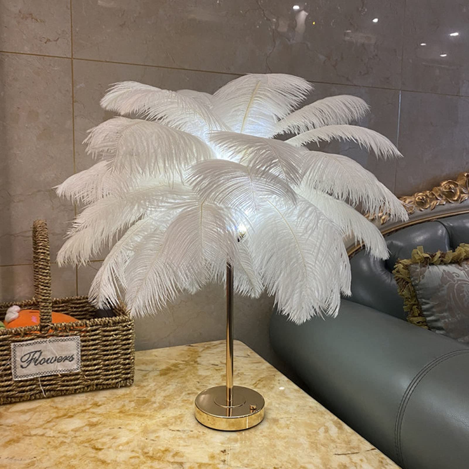Juopzkenn Feather Table Lamp, Ostrich Feather Night Light Modern Bedside Desk Lamp Led Atmosphere Light For Living Room Wedding Bedroom