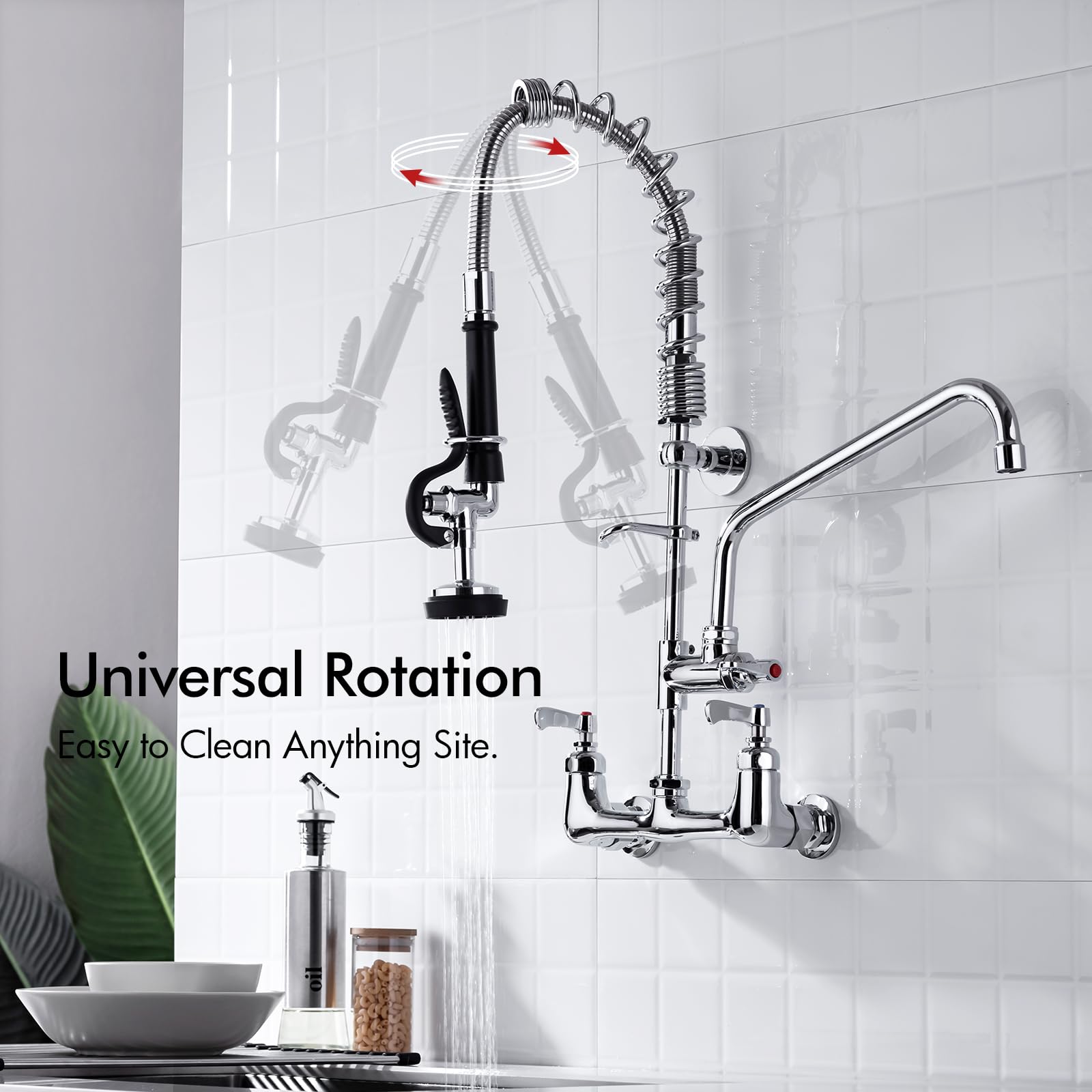 Bagnolux Commercial Sink Faucet, 8" Center Wall Mount Base With Pull Out Spray 9.6" Add-On Swing Spout 25" Height, Double Handle Pre Rinse Sprayer Commercial Rv Kitchen Faucet With Ceramic Valve