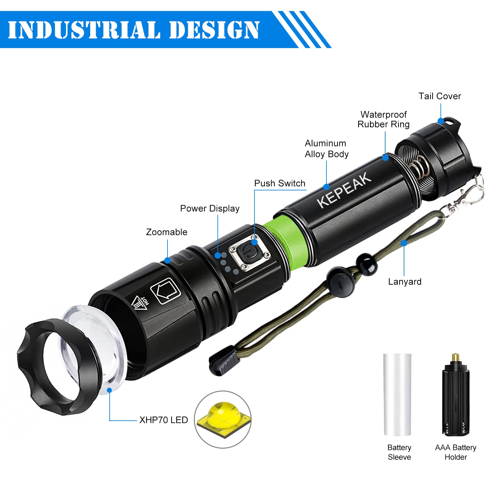 Kepeak Flash Light, 5 Modes Rechargeable Flashlights, 2000 Lumens Super Bright Led, High Powered, Zoomable, Utility Handheld Waterproof Flashlight For Camping, Emergency