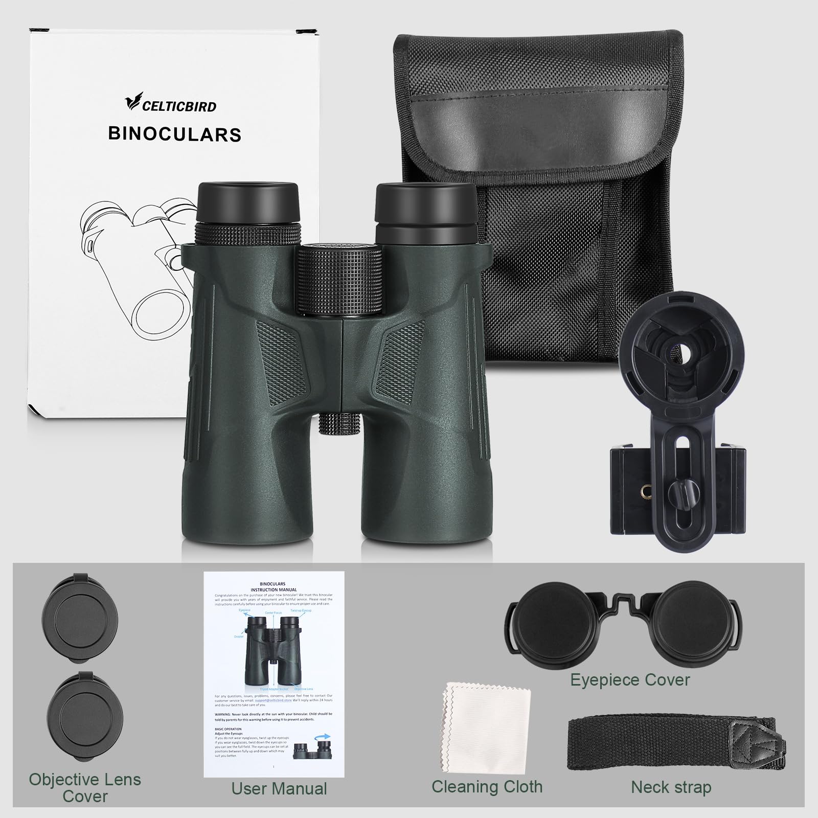 Celticbird 10X42 Hd Binoculars With Phone Adapter, Case, Bak4 Prism Binoculars For Bird Watching Hiking Camping Wildlife