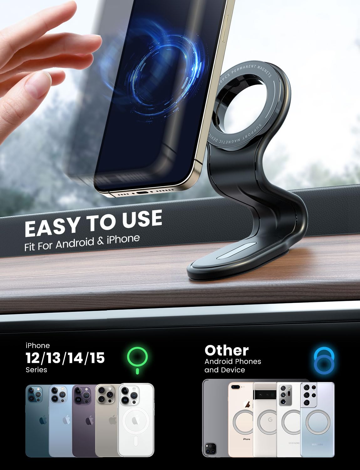 Esamcore For Magsafe Car Mount Detachable, Bendable Aluminum Arm Magnetic Phone Holder For Car【20 Strong Magnets】 Cell Phone Mount For Car Dash Fit Iphone 16 15 14 13 Pro Max Mini Mag Safe Accessories