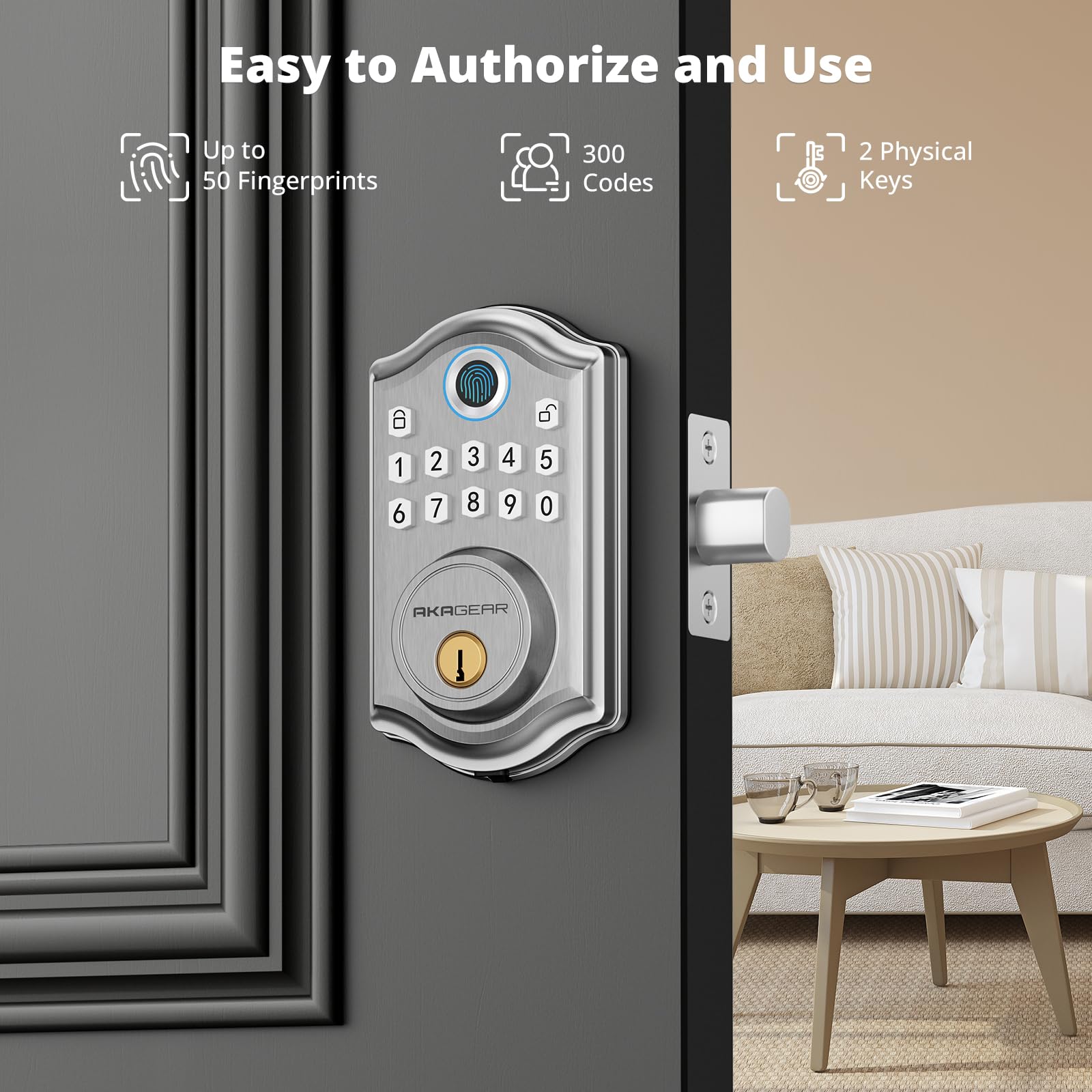 Akagear Ds10 Keyless Entry Door Lock With Fingerprint, Electronic Keypad, 2 Keys, Auto-Lock & One Touch Locking, Easy Installation, Satin Nickel