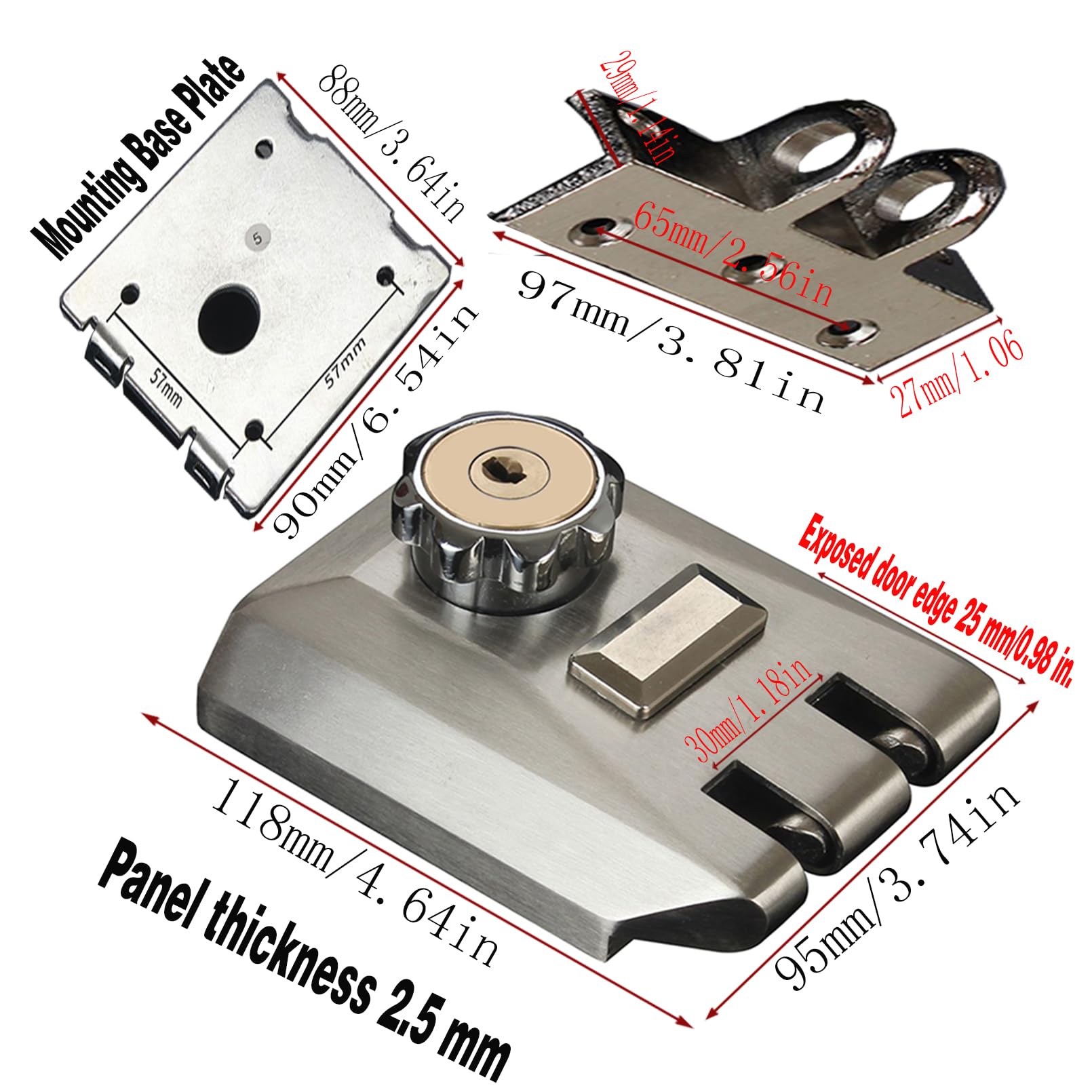 Farfellny Home Door Vertical Keyway Deadbolt Rim Locks Set,Deadlock,Single Cylinder Metal Lock,Twist-To Locking Cylinder Deadbolt Lock,With Keyed Angle And Flat Strike Inter Locking,Alloy,Silver