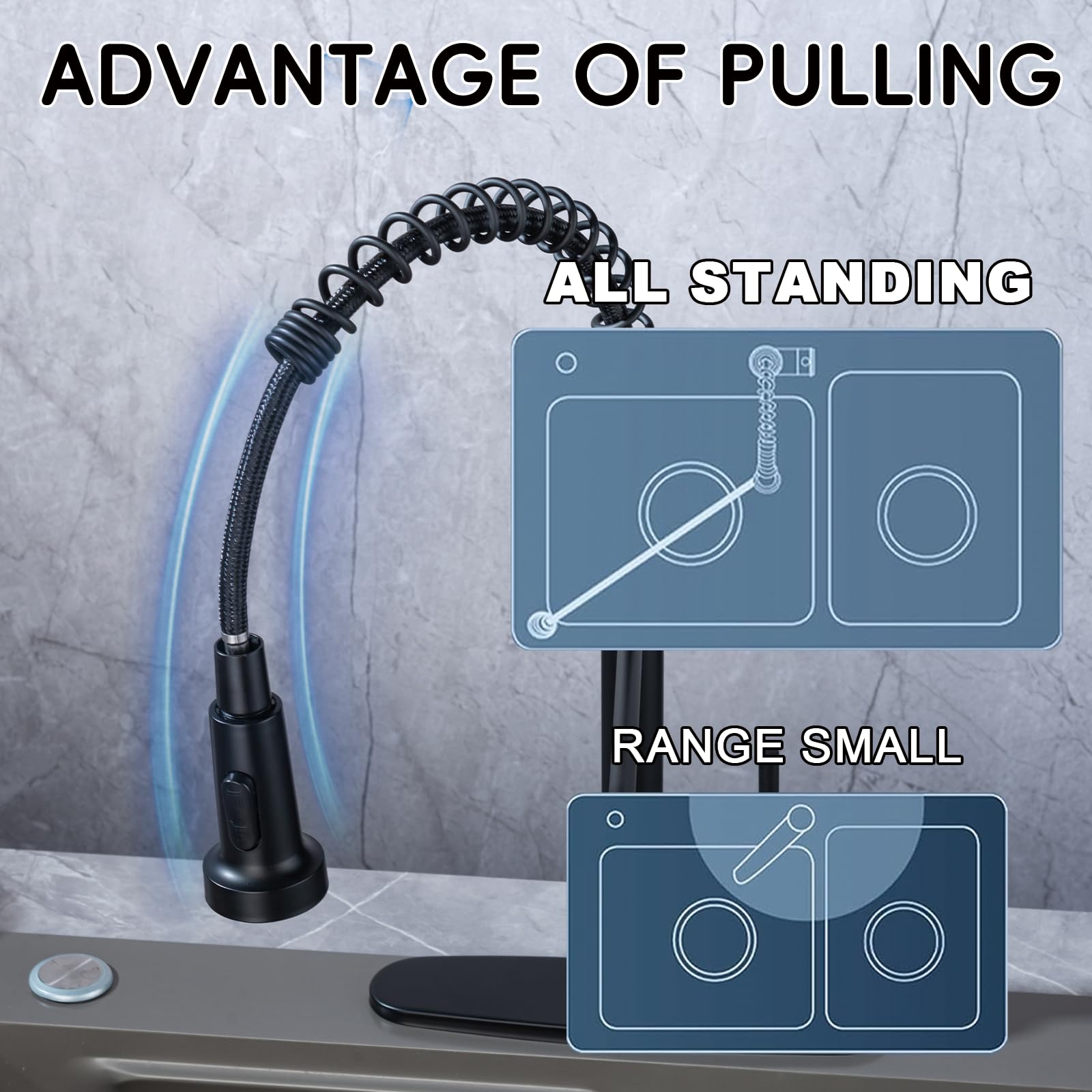 Peicual Kitchen Faucets With Pull Down Sprayer, Matte Black Commercial Sink Faucet, Solid Brass Spring Design, 10-Inch Deck Plate For 1 Or 3-Hole Installation